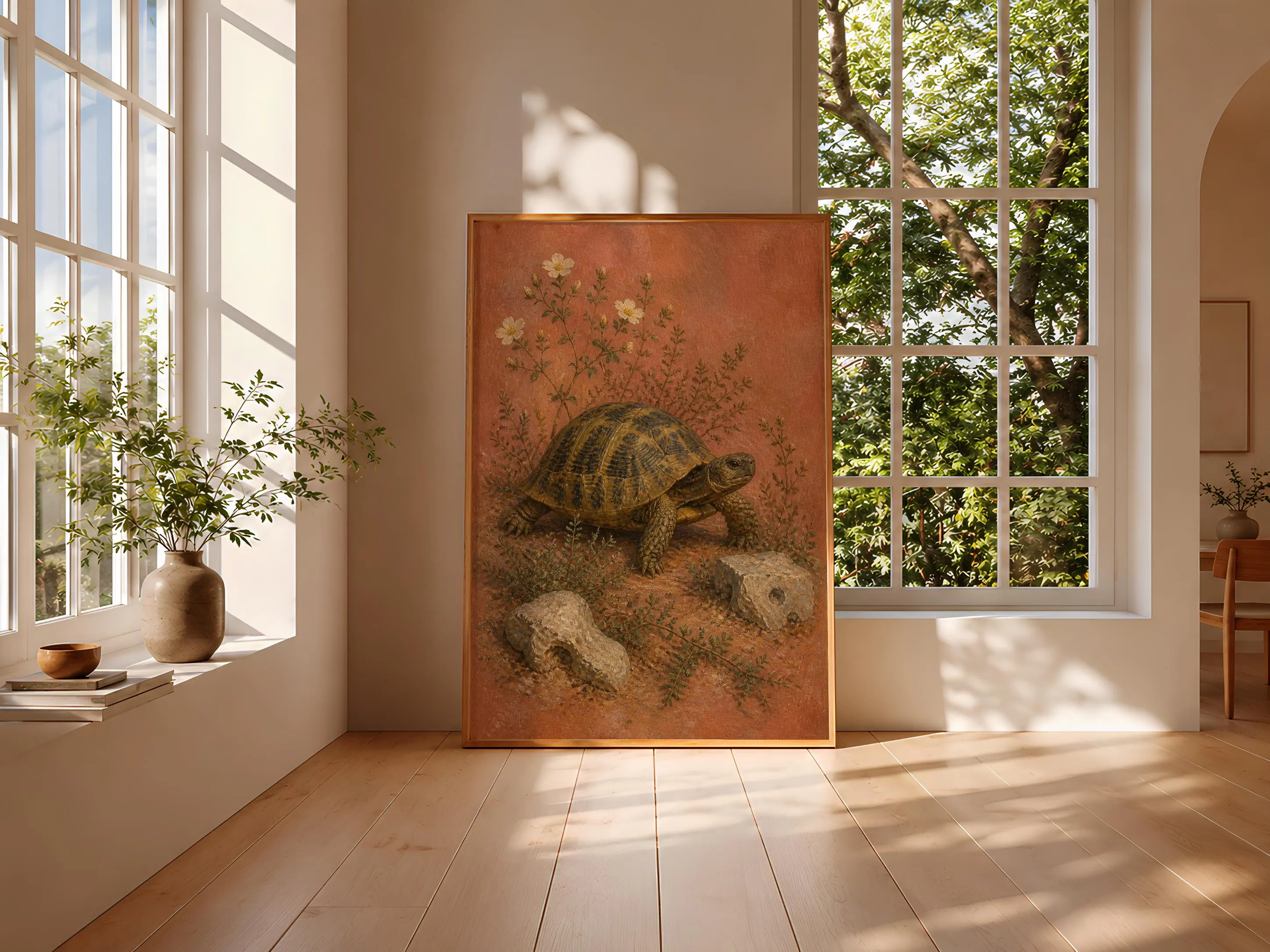 Greek Tortoise Wall Art, Arts and Crafts Reptile Oil Painting, Mediterranean Botanical Decor – Calm Wall Art by Artsify thumbnail 3