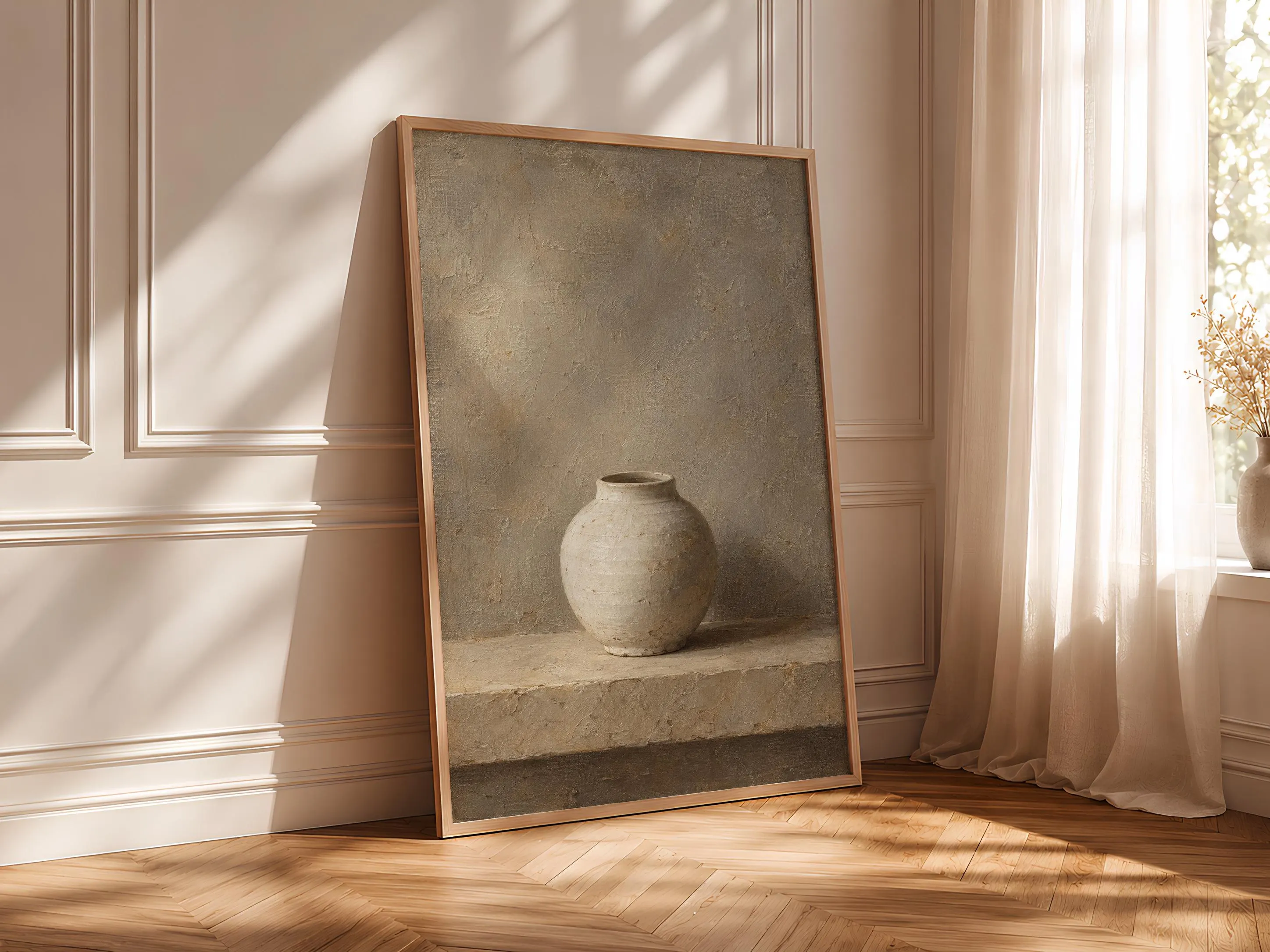 White Ceramic Jar Wall Art, Minimal Japandi Pottery Painting, Neutral Shelf Decor – Calm Wall Art by Artsify thumbnail 4