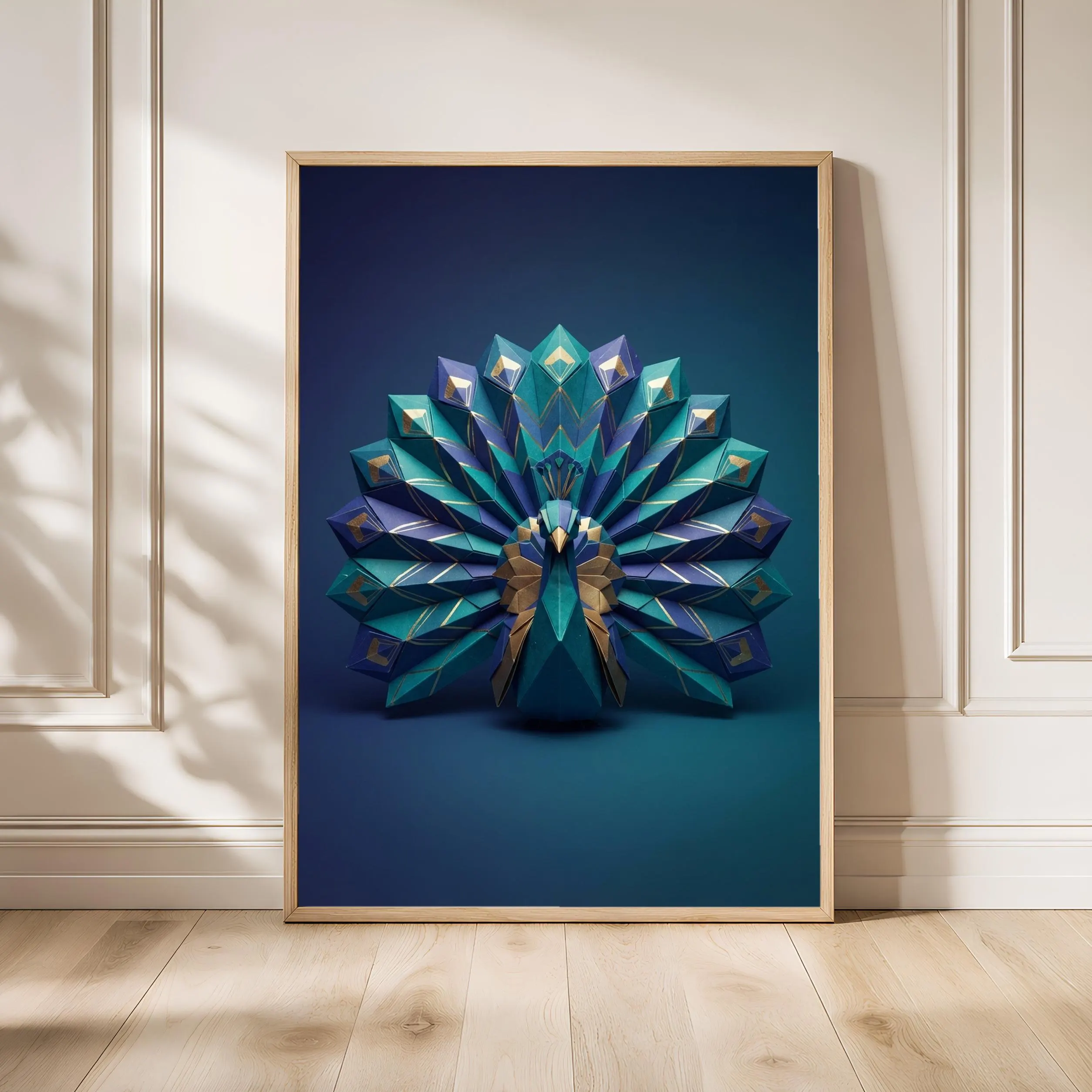Origami Peacock Print, Geometric Paper Fold Wall Art, Indigo Gold Poster, Living Room Decor, Housewarming Gift – Calm Wall Art by Artsify