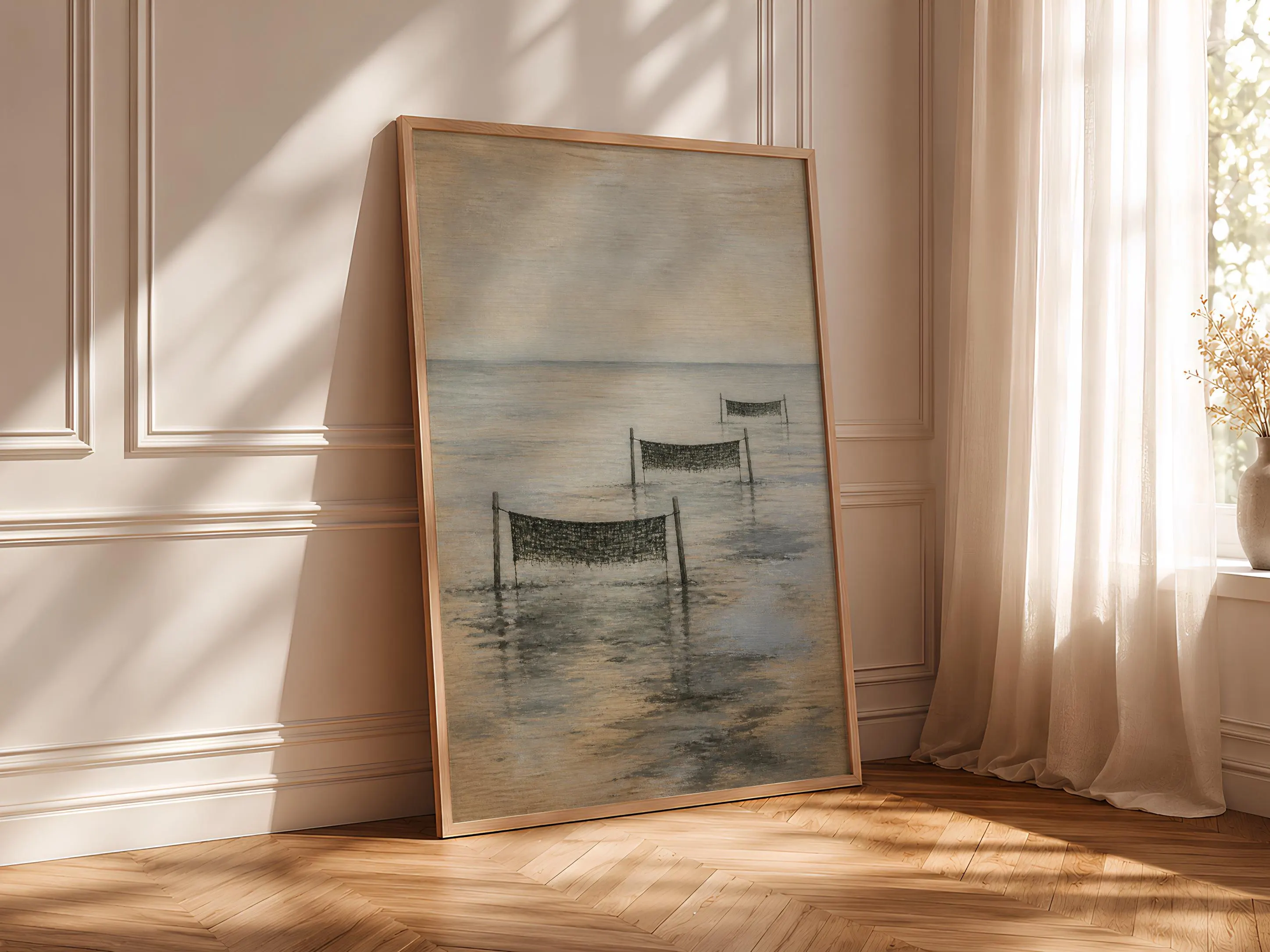 Seaweed Nets Wall Art, Japanese Coastal Landscape, Muted Misty Tidal Print – Calm Wall Art by Artsify thumbnail 4