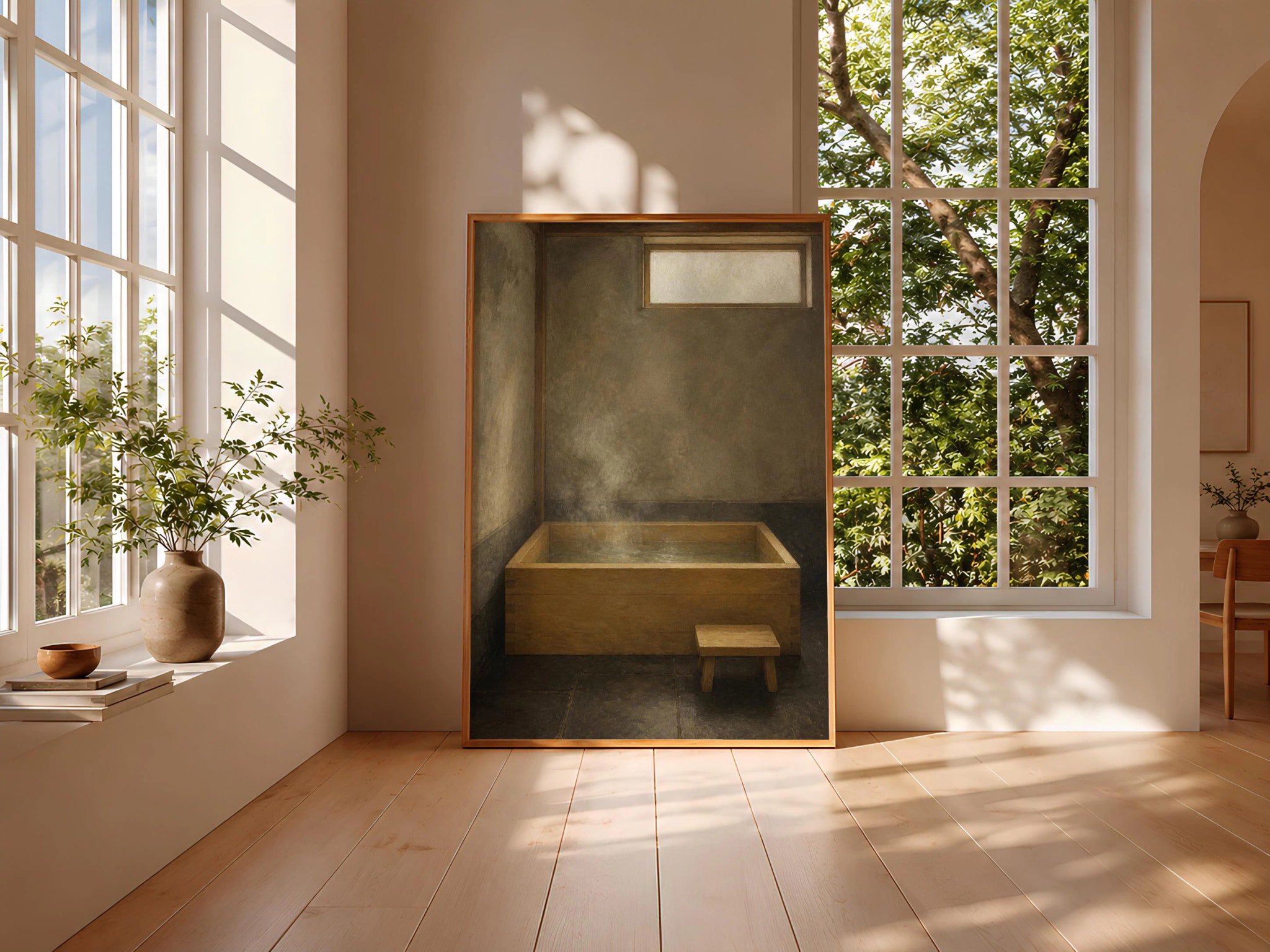 Hinoki Bathtub Wall Art, Japanese Bathhouse Painting, Steamy Wood Bath Decor Print – Calm Wall Art by Artsify thumbnail 3