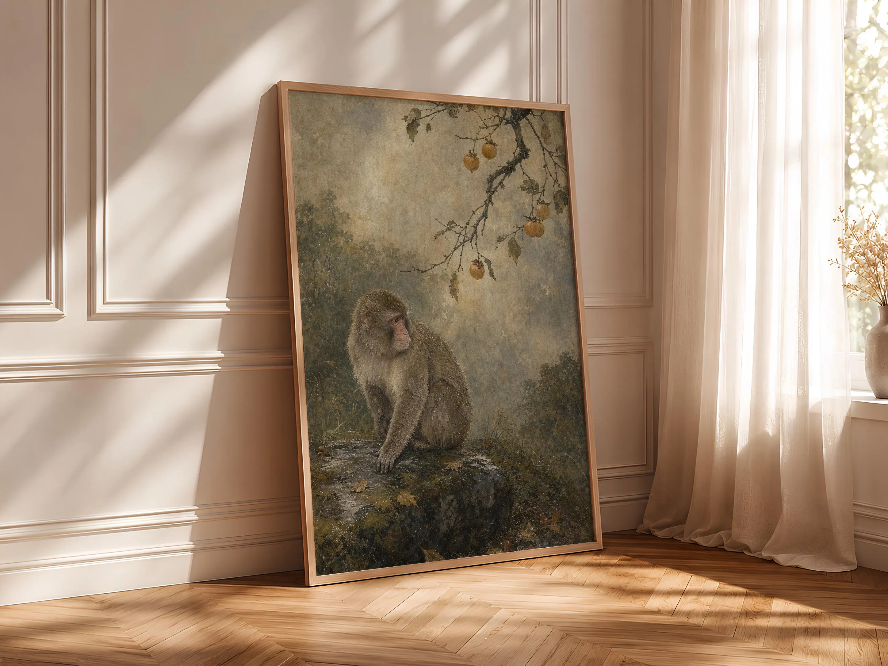 Japanese Macaque Painting Print, Persimmon Wildlife Wall Art, Rainy Forest Poster, Woodland Animal Decor, Housewarming Gift – Calm Wall Art by Artsify thumbnail 4