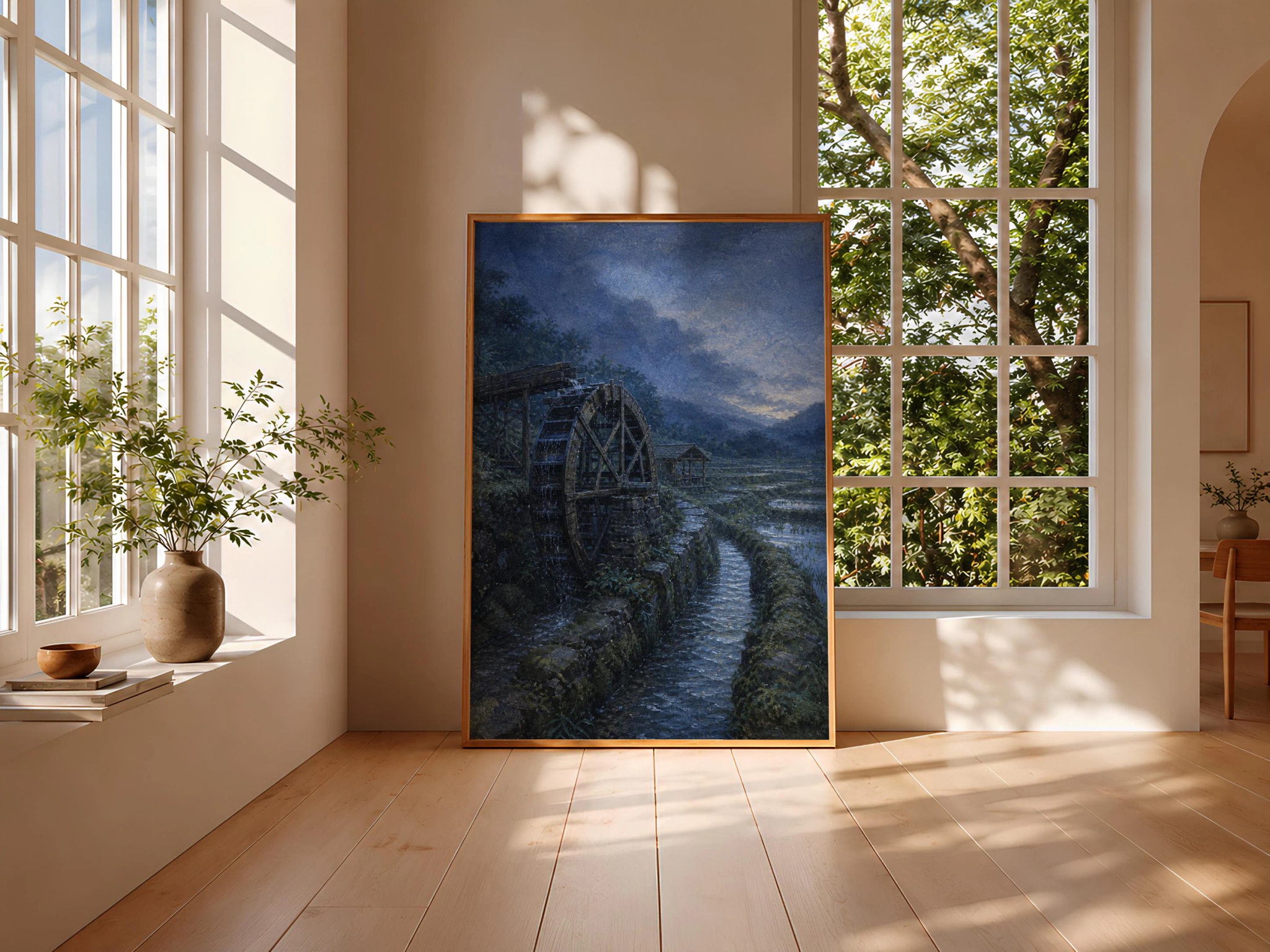 Japanese Water Wheel Print, Rural Landscape Wall Art, Vintage Farm Poster, Japandi Countryside Decor, Housewarming Gift – Calm Wall Art by Artsify thumbnail 3