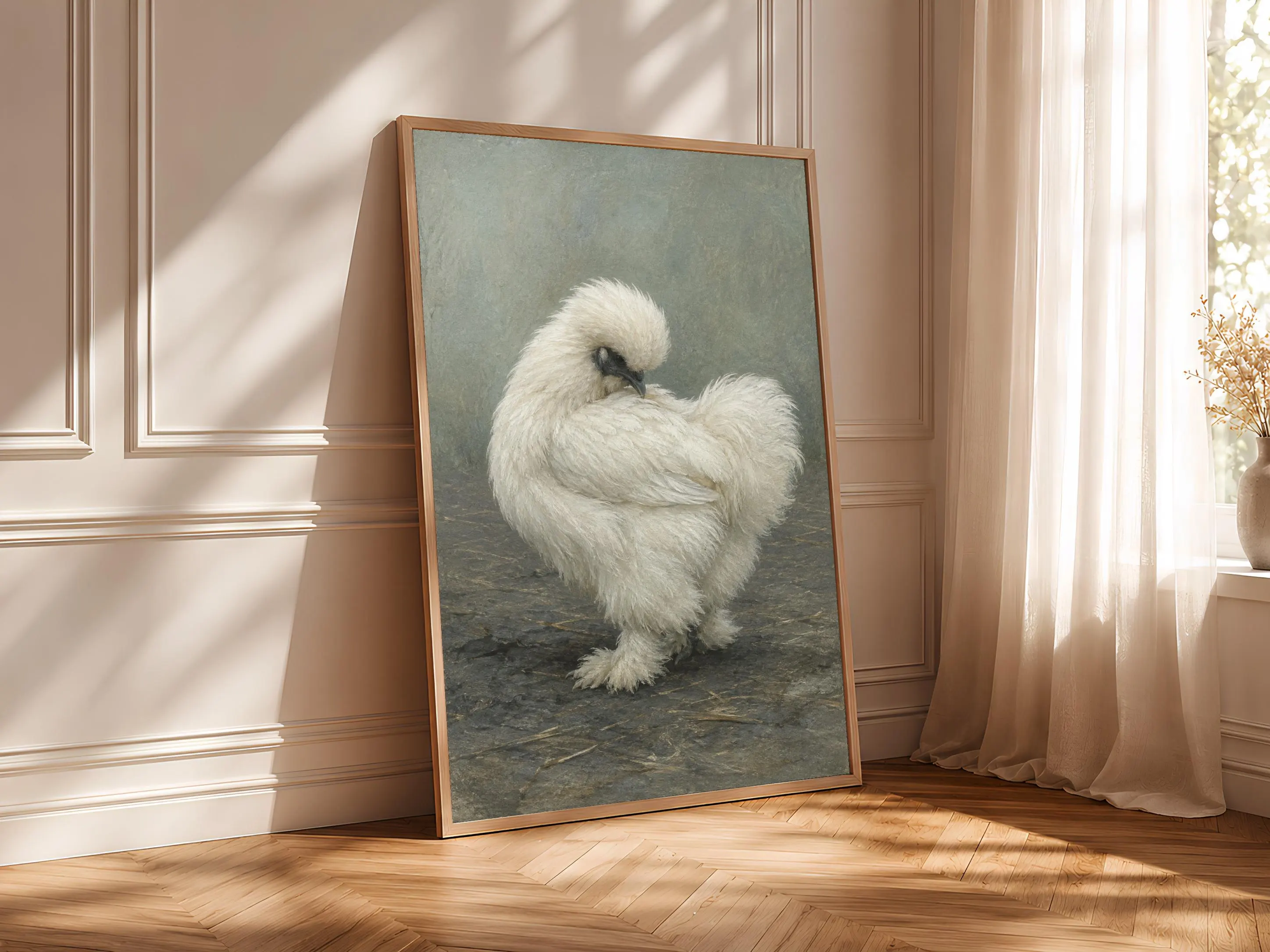 White Silkie Chicken Wall Art, Natural Preening Hen Tempera Print – Calm Wall Art by Artsify thumbnail 4