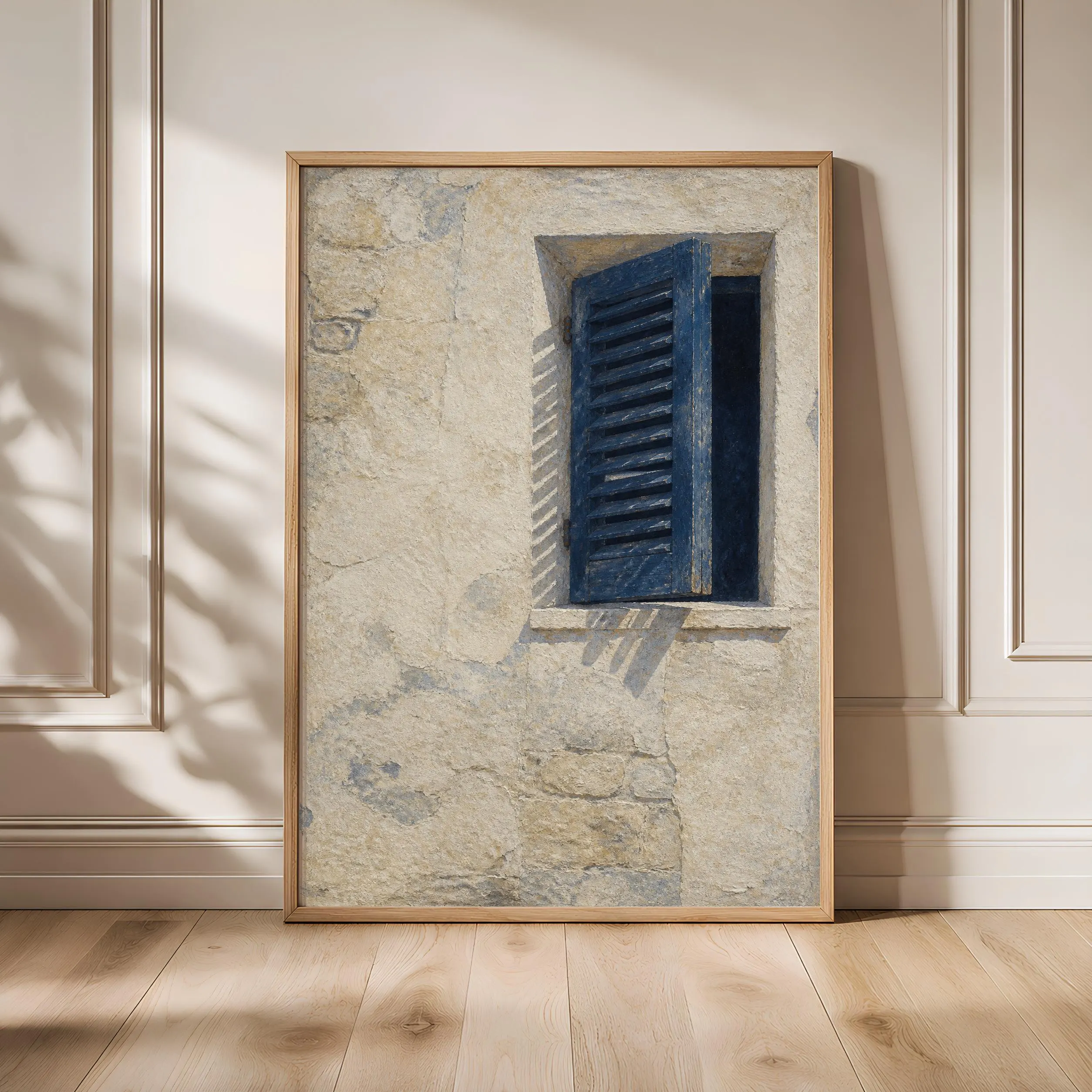 Mediterranean Shutter Print, Indigo Fresco Wall Art, Minimalist Coastal Poster, Housewarming Gift – Calm Wall Art by Artsify