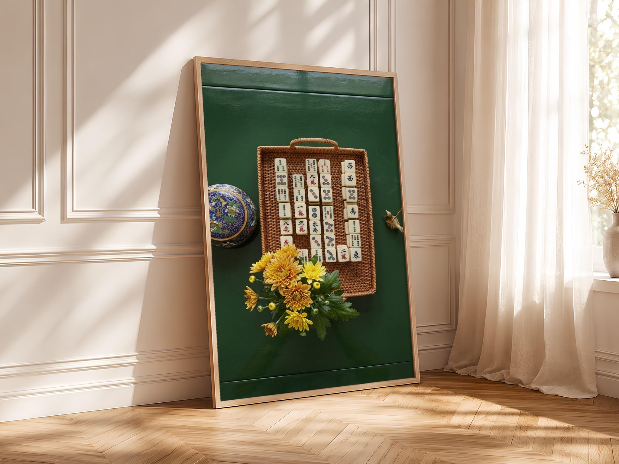 Mahjong Chrysanthemum Print, Chinoiserie Game Room Poster, Forest Green Wall Art, Housewarming Gift – Calm Wall Art by Artsify thumbnail 4