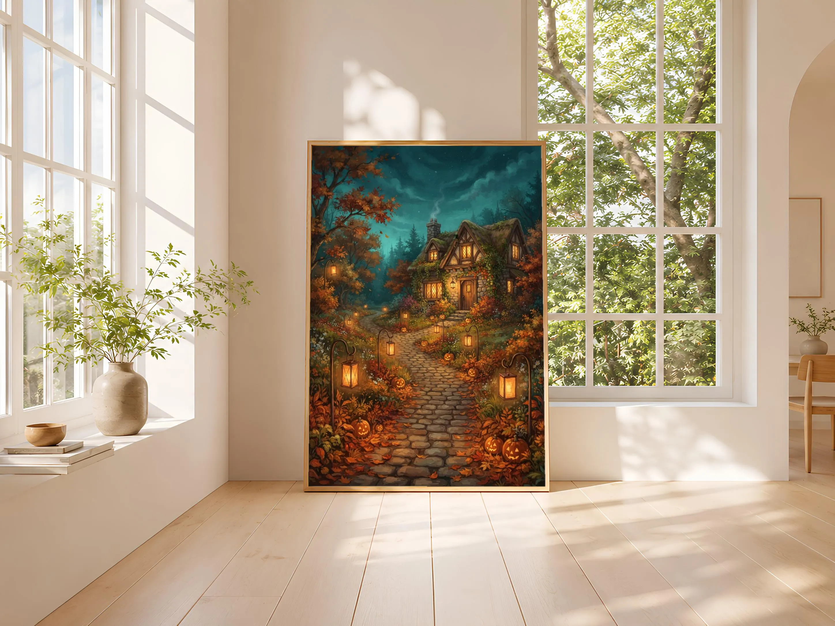 Halloween Lantern Path Print, Storybook Poster, Teal Amber Wall Art, Housewarming Gift – Calm Wall Art by Artsify thumbnail 3