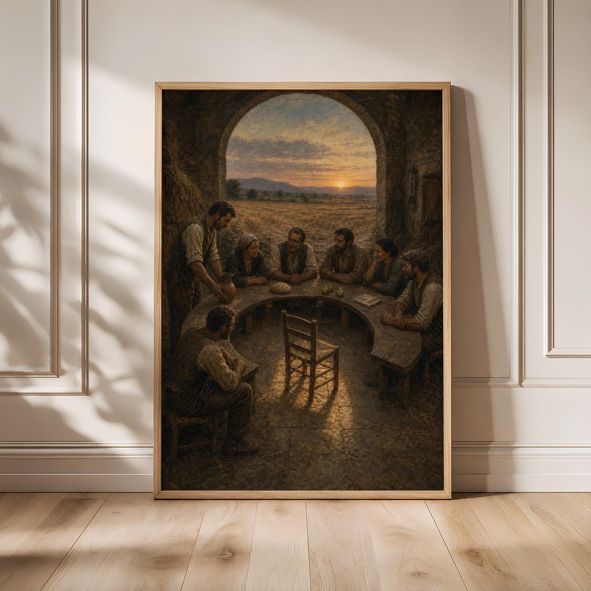 Harvest Supper Wall Art, Rustic Spiritual Dining Room Painting, Golden Hour Print – Calm Wall Art by Artsify