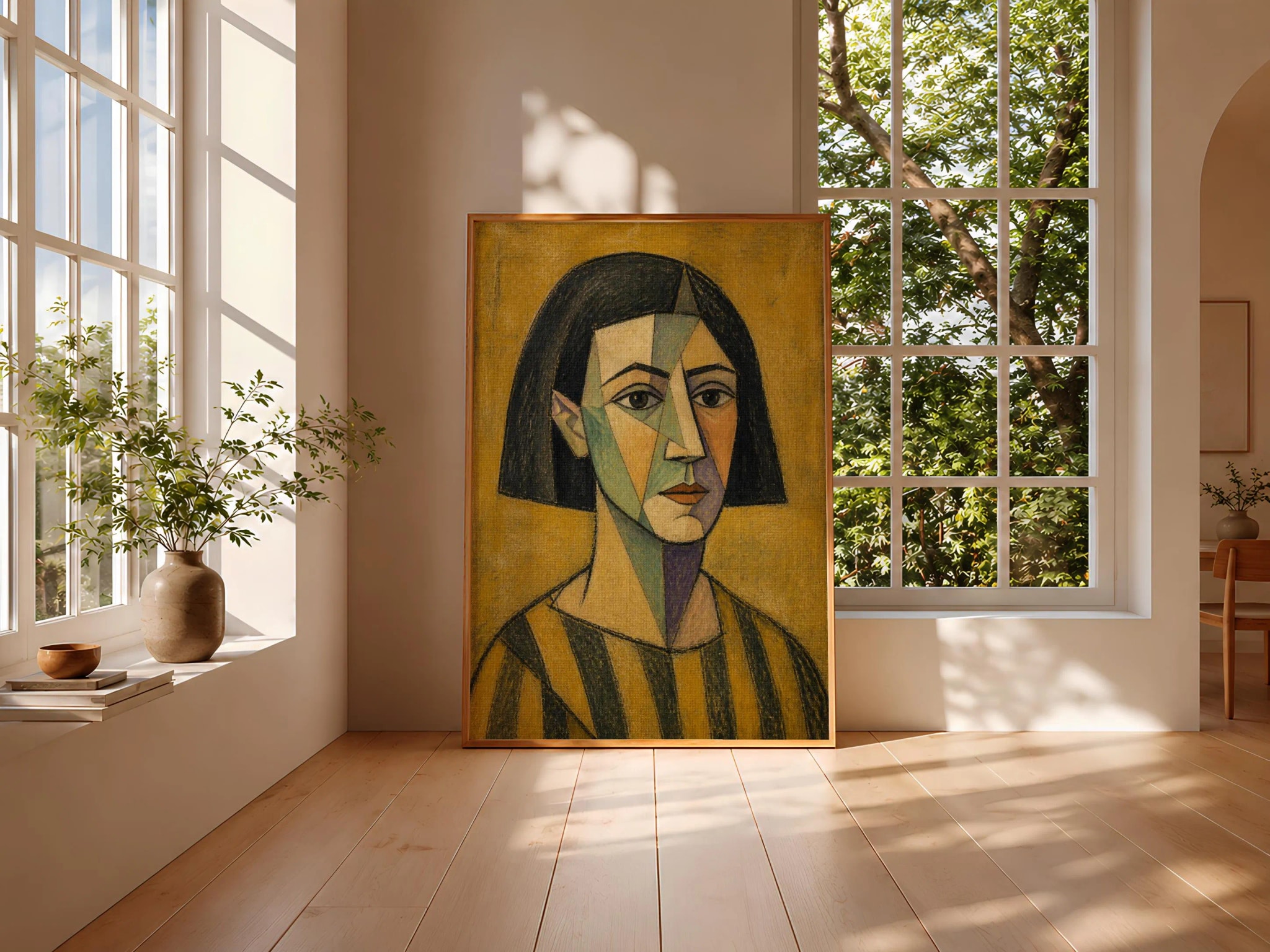 Jade Cubist Woman Portrait Print, Striped Smock Abstract Face Art, Mustard Wall Decor – Calm Wall Art by Artsify thumbnail 3