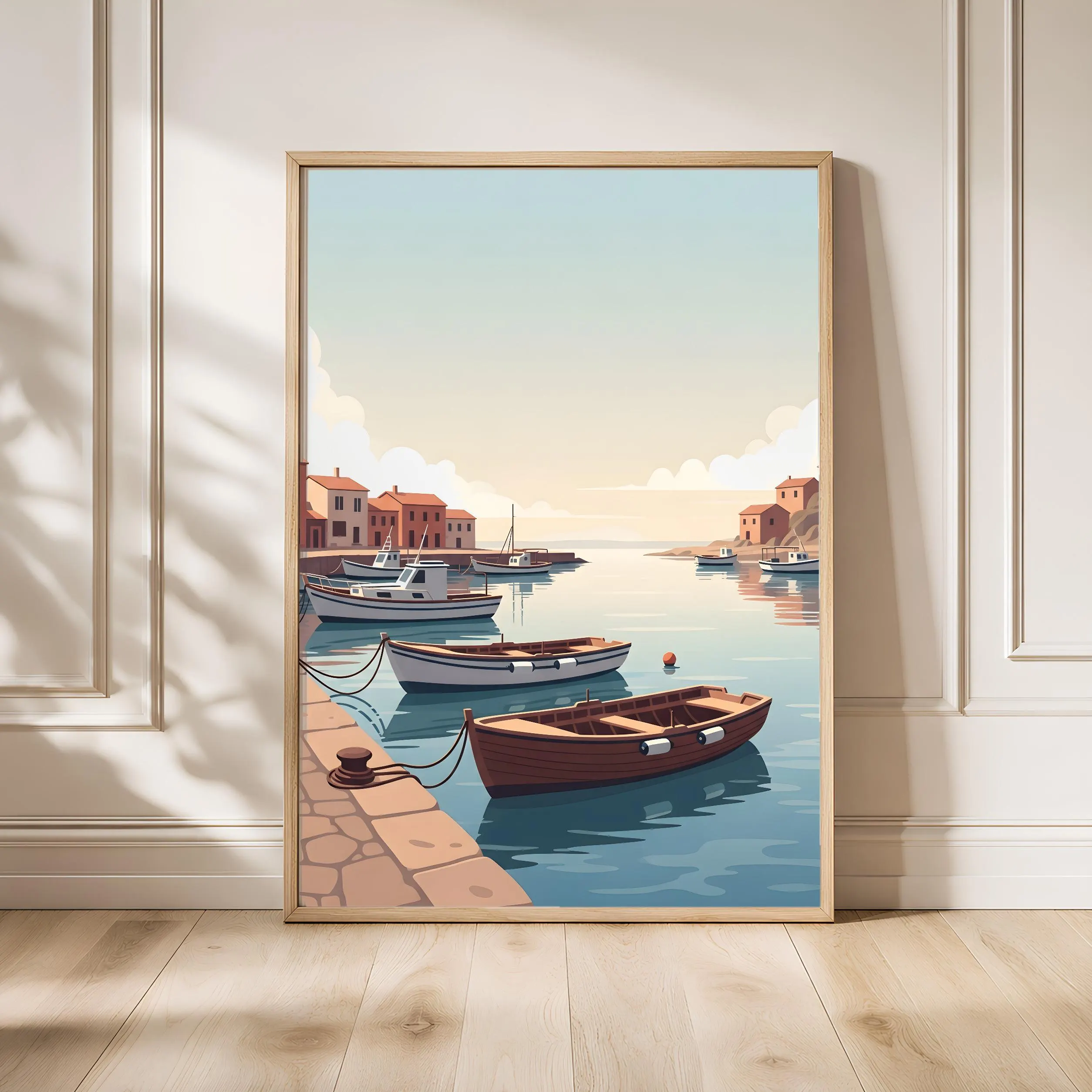 Harbor Boats Print, Fishing Village Poster, Coastal Wall Art, Living Room Decor, Housewarming Gift – Calm Wall Art by Artsify