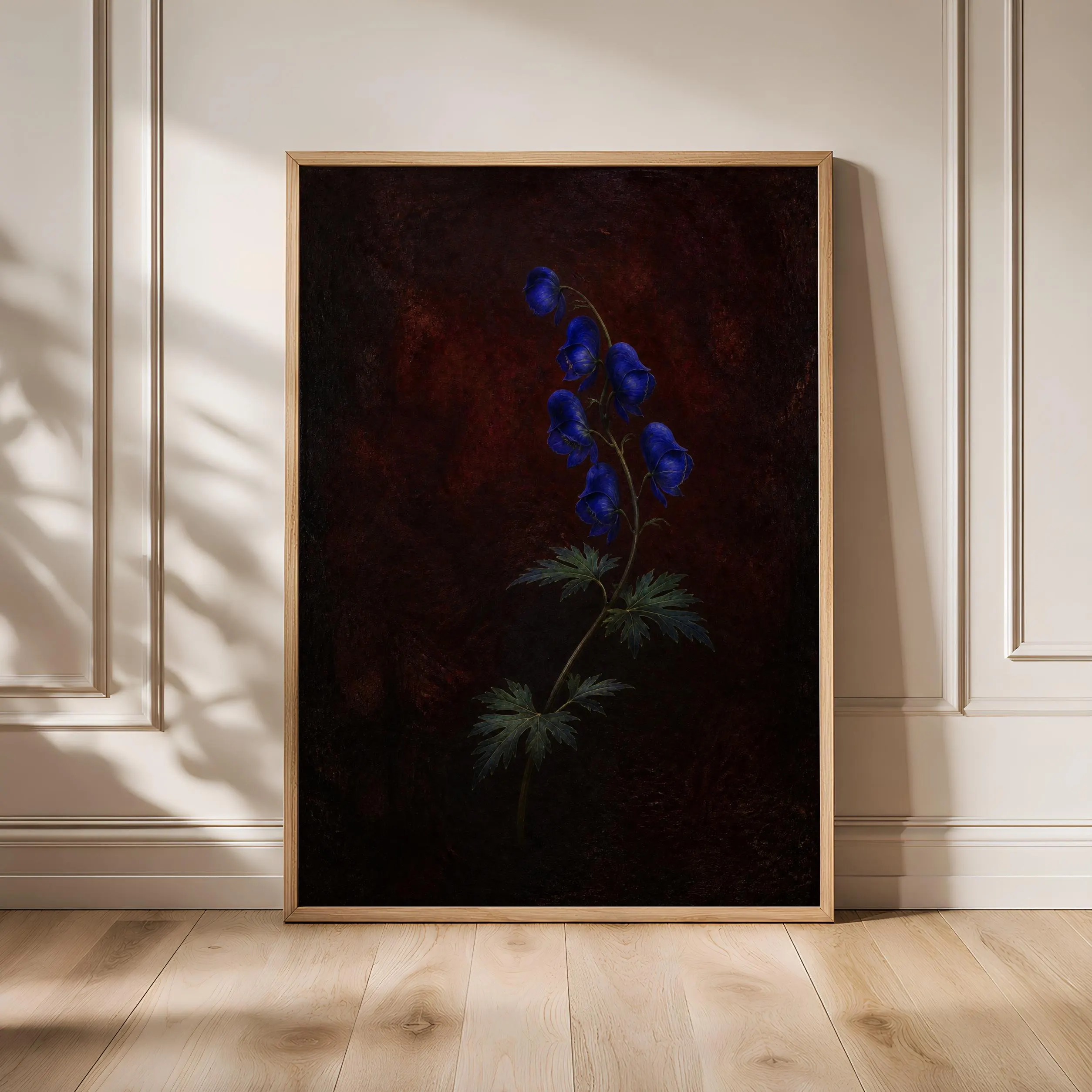 Blue Monkshood Botanical Print, Oxblood Dark Academia Wall Art, Moody Poison Garden Poster, Housewarming Gift – Calm Wall Art by Artsify