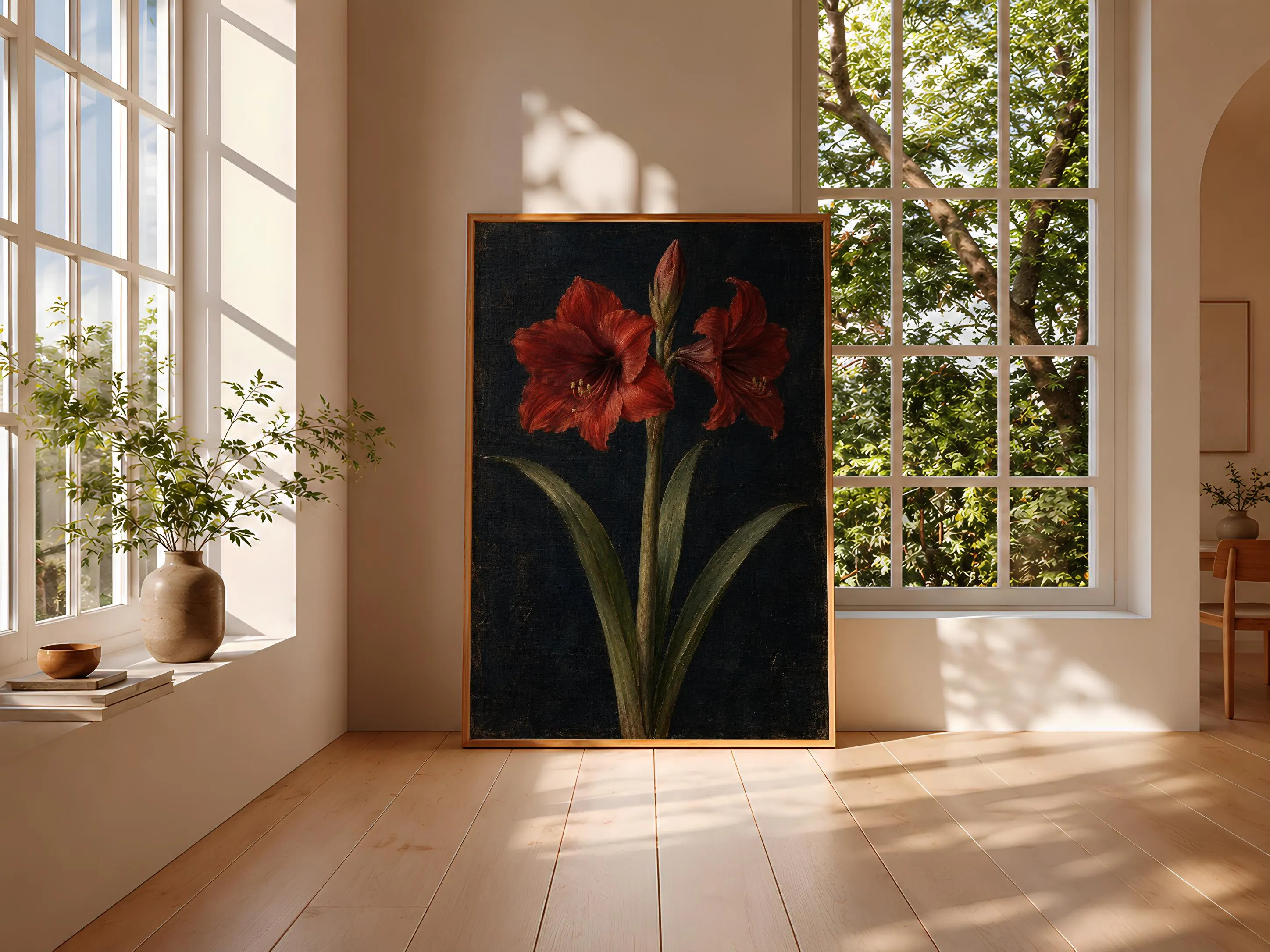 Red Amaryllis Wall Art, Minimal Moody Floral Oil Painting, Romantic Bedroom Decor – Calm Wall Art by Artsify thumbnail 3