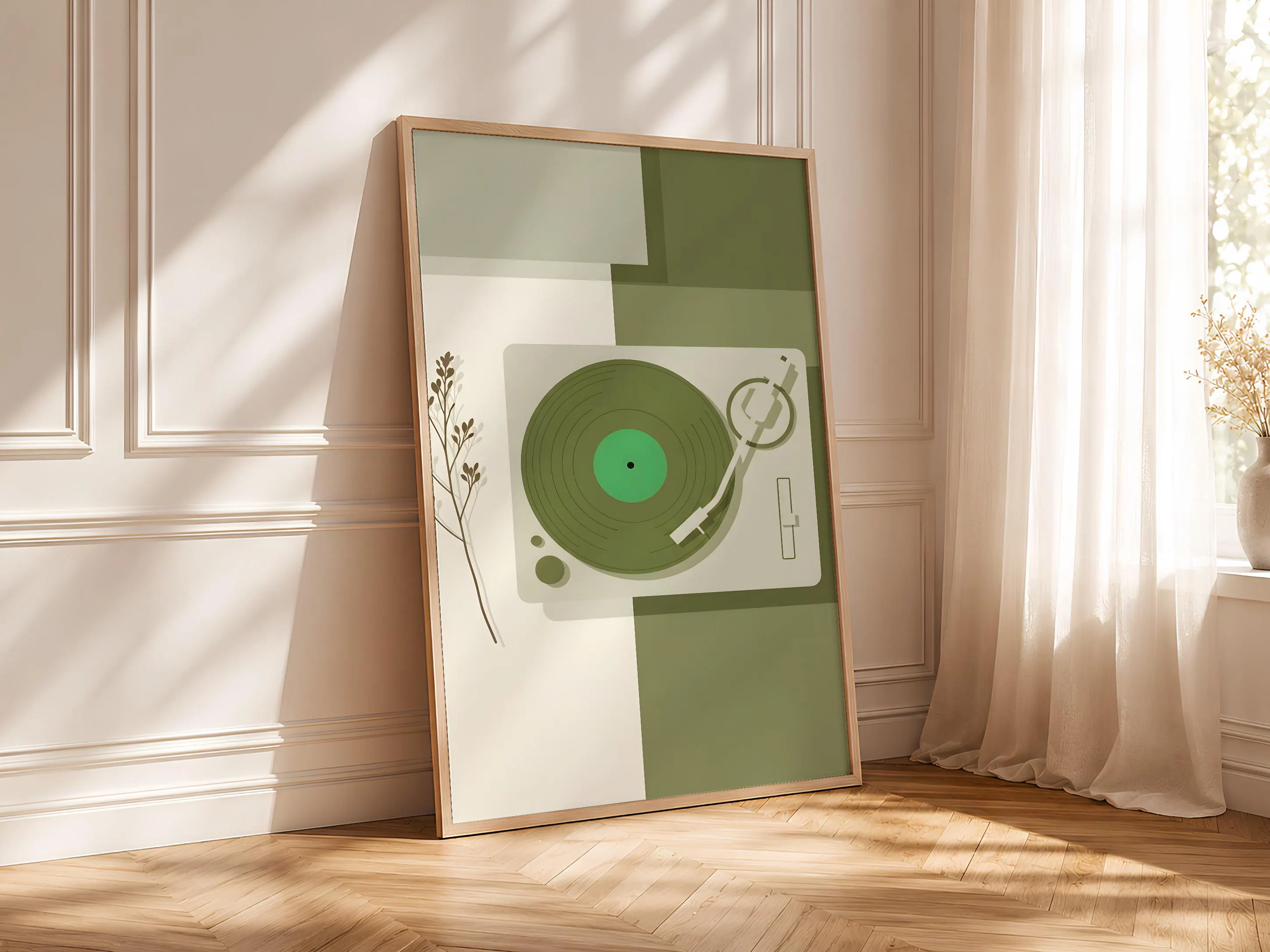 Vintage Turntable Print, Japandi Botanical Vinyl Poster, Green Record Wall Art, Living Room Decor, Housewarming Gift – Calm Wall Art by Artsify thumbnail 4