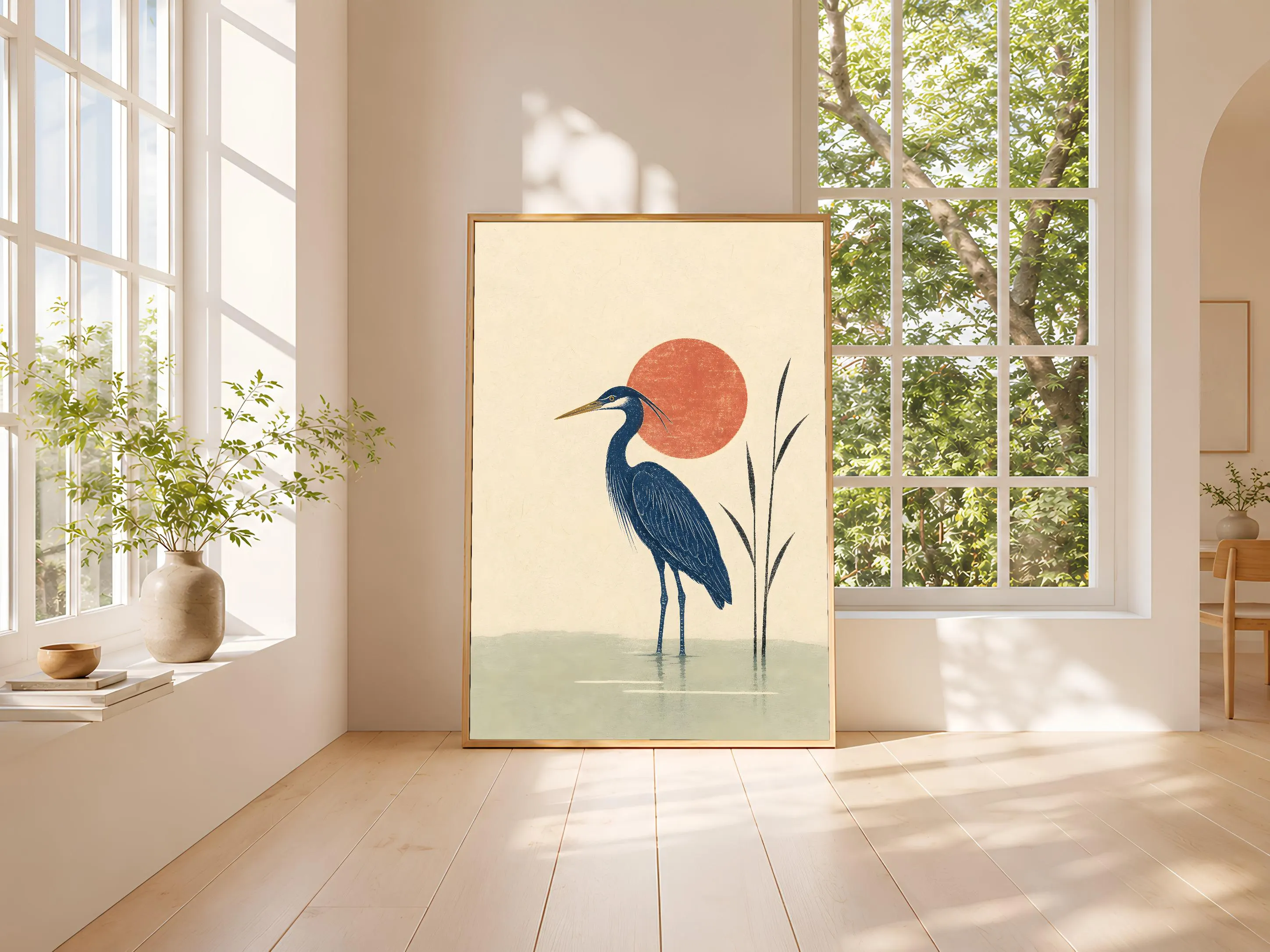 Heron Woodblock Print, Minimalist Bird Wall Art, Japanese Style Poster, Indigo Nature Decor, Housewarming Gift – Calm Wall Art by Artsify thumbnail 3