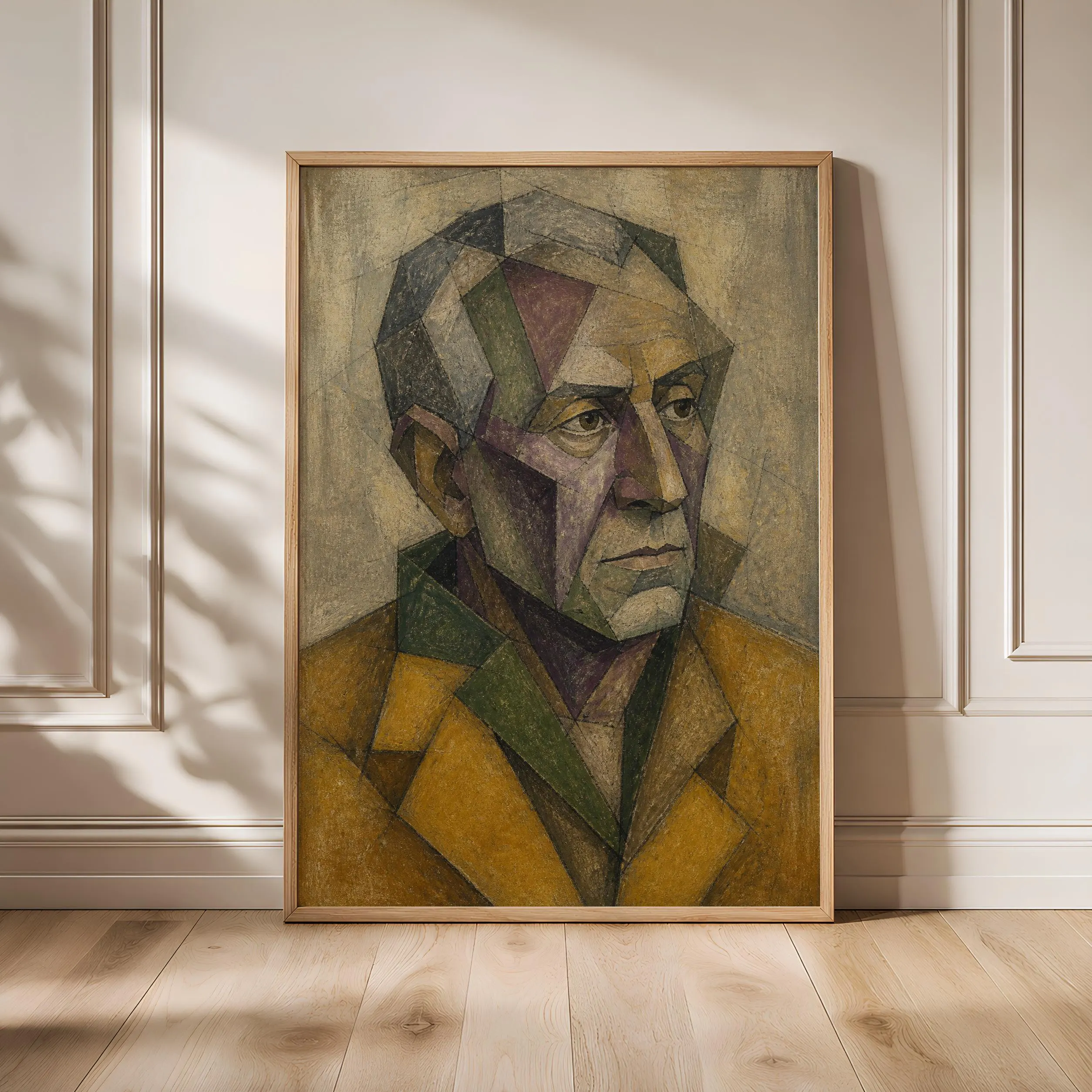 Ochre Cubist Man Portrait Print, Geometric Abstract Face Wall Art, Moody Modern Decor – Calm Wall Art by Artsify