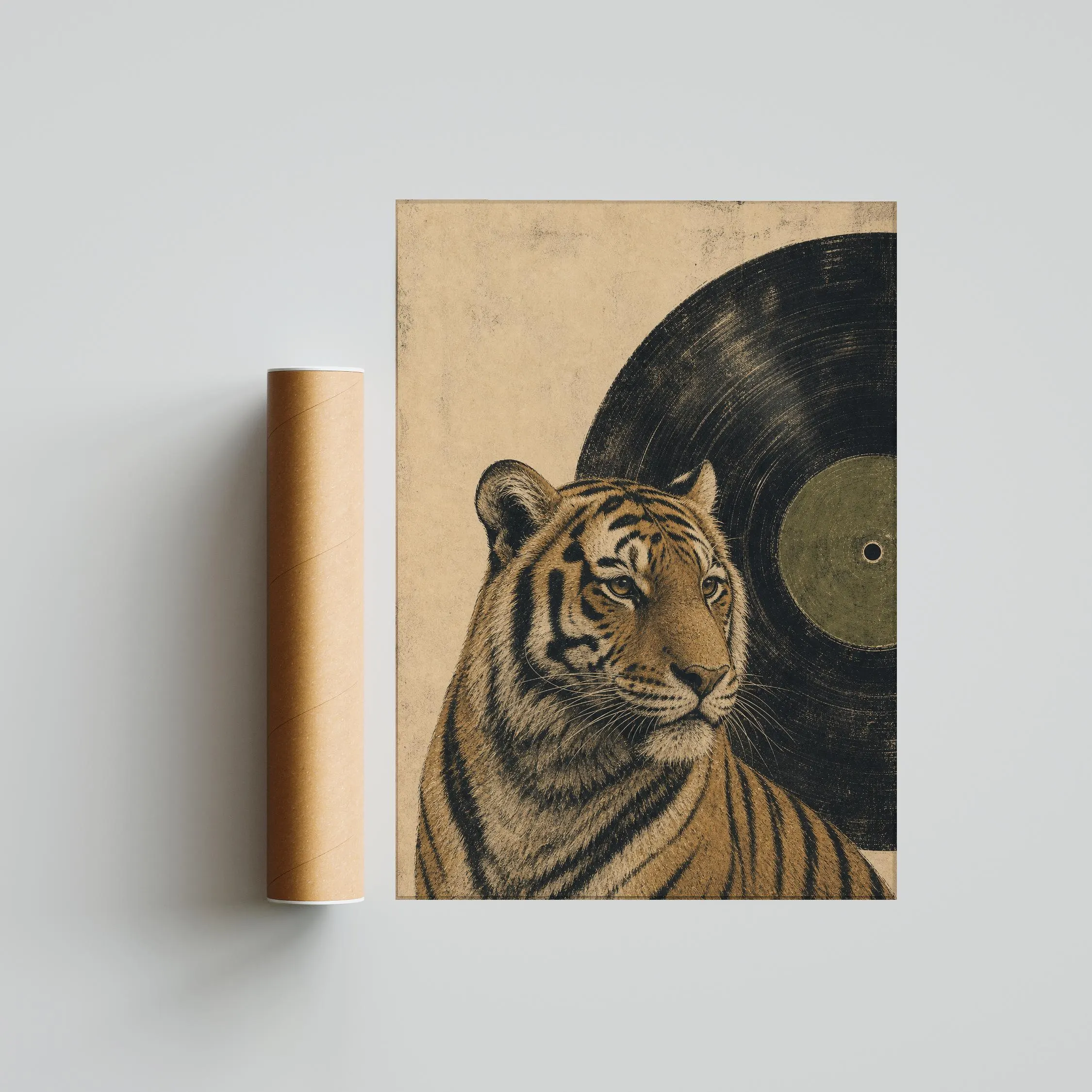 Tiger Vinyl Record Print, Woodblock Animal Wall Art, Olive Label Music Poster, Vinyl Record Lover Decor, Housewarming Gift – Calm Wall Art by Artsify thumbnail 5