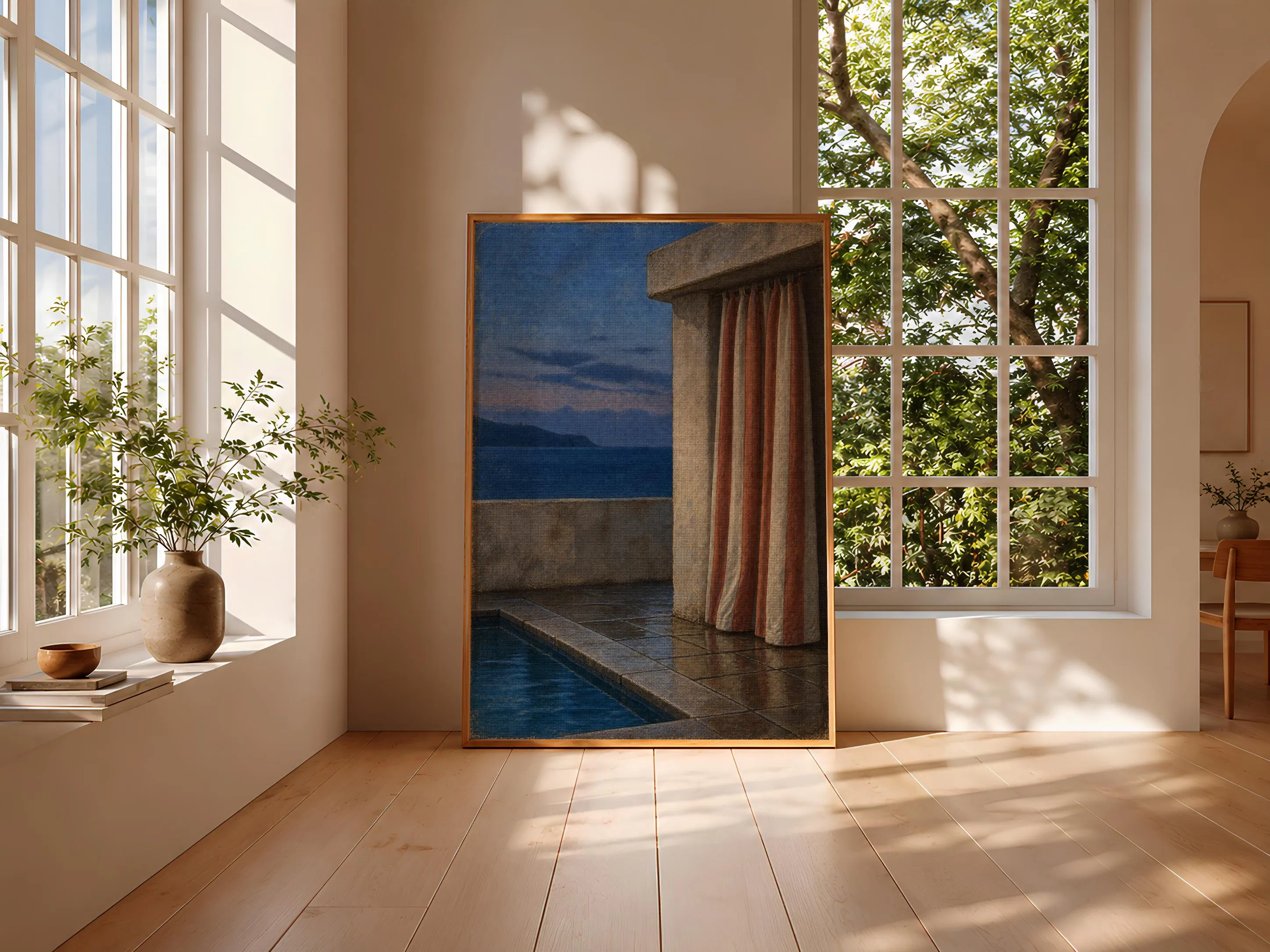 Striped Cabana Wall Art, Blue Hour Poolside Oil Painting, Mediterranean Summer Decor – Calm Wall Art by Artsify thumbnail 3