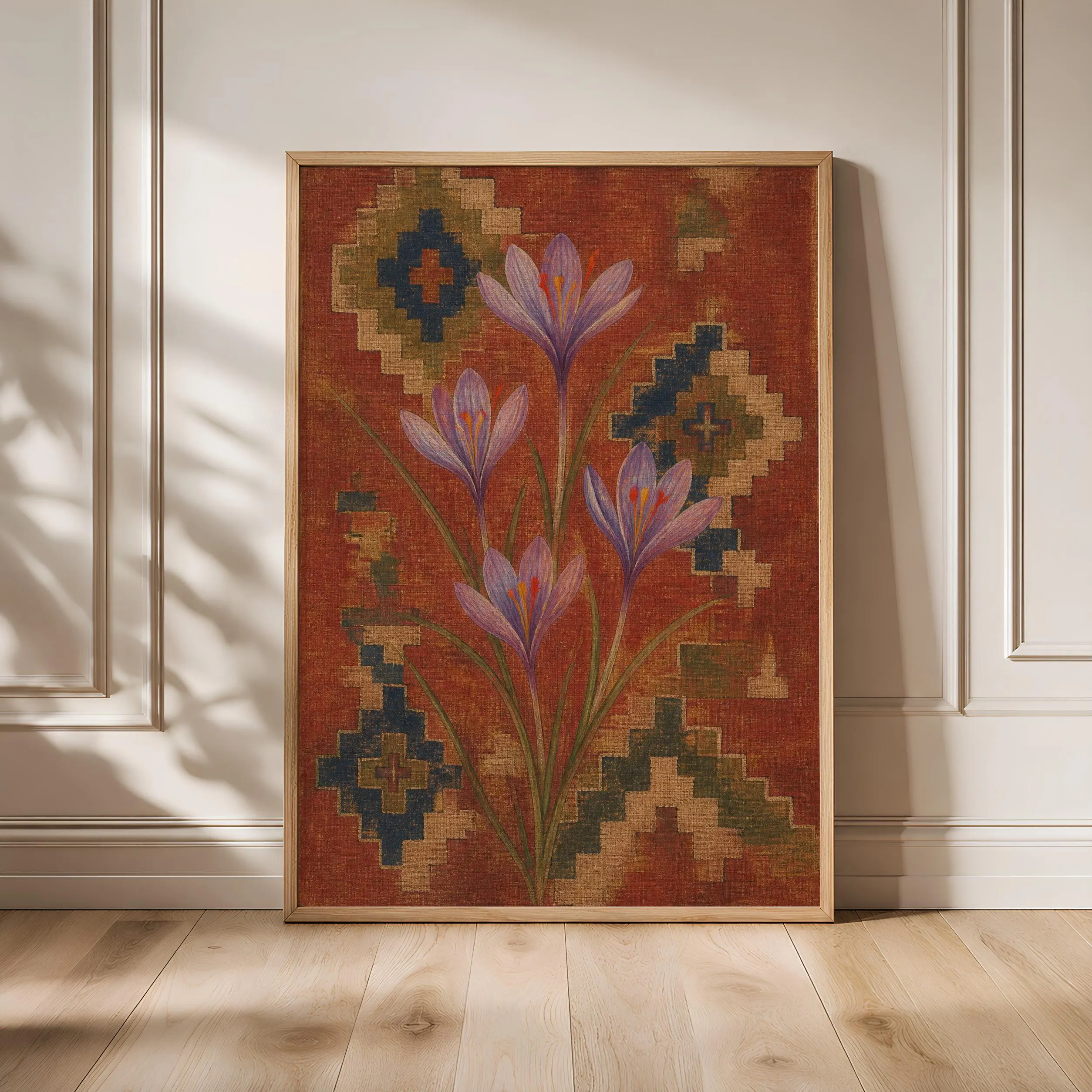 Saffron Crocus Kilim Print, Terracotta Botanical Wall Art, Woven Pattern Poster, Housewarming Gift – Calm Wall Art by Artsify