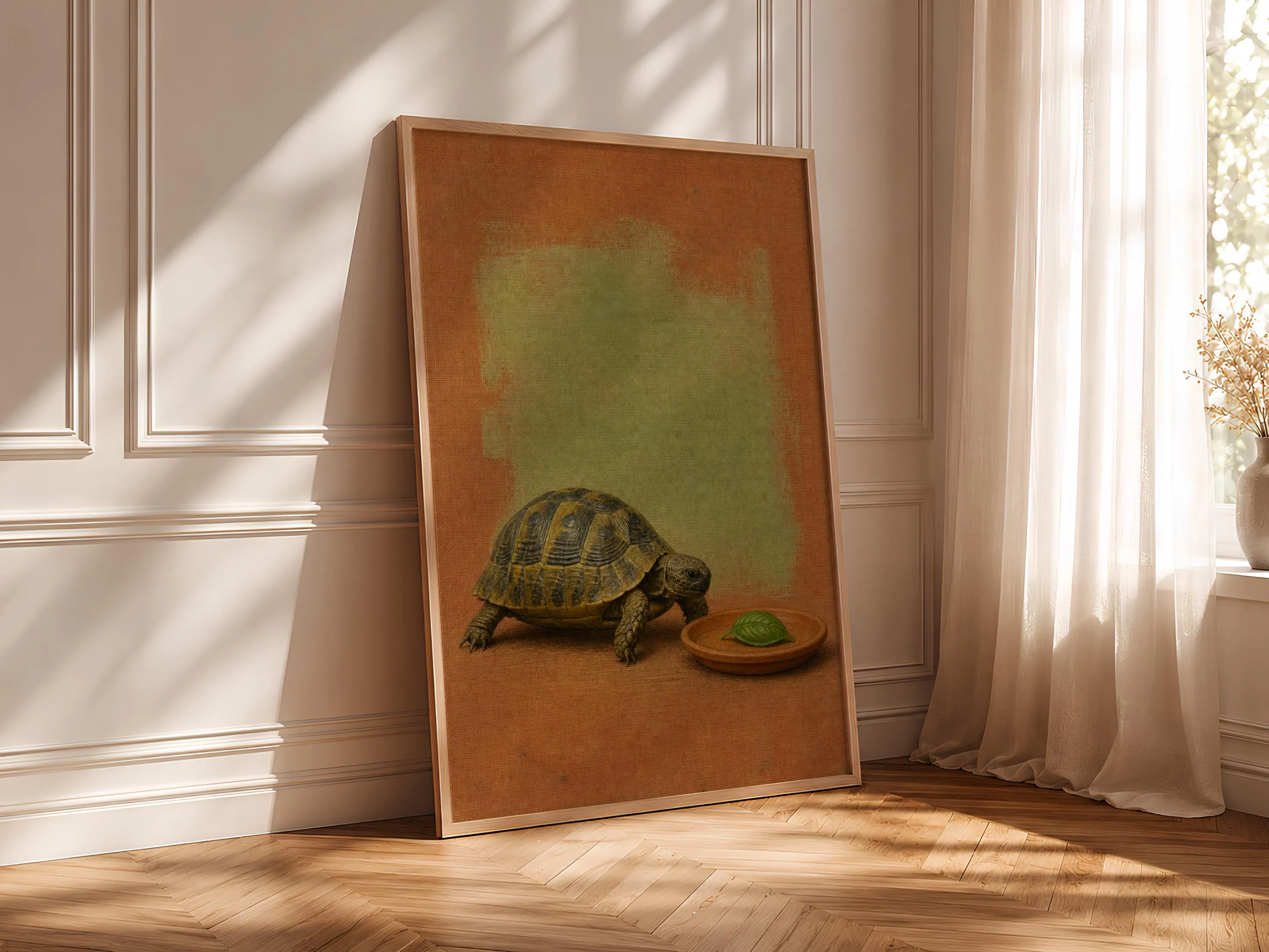 Tortoise Kitchen Art, Basil Leaf Reptile, Minimalist Animal Oil Print – Calm Wall Art by Artsify thumbnail 4