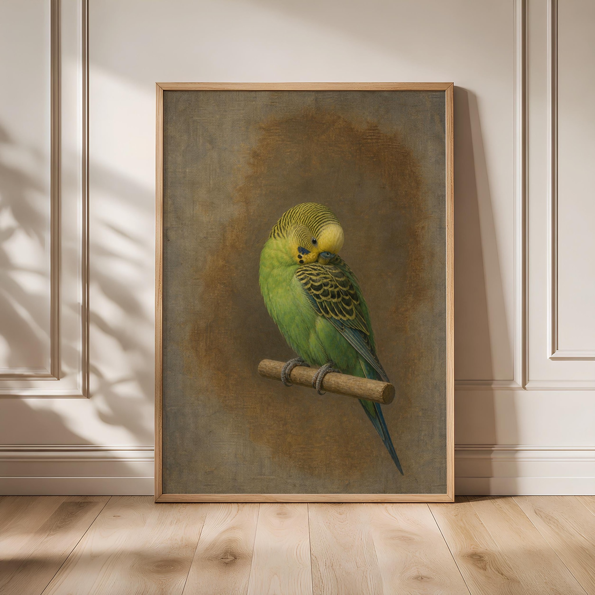 Green Budgerigar Wall Art, Minimal Bird Oil Painting Print – Calm Wall Art by Artsify