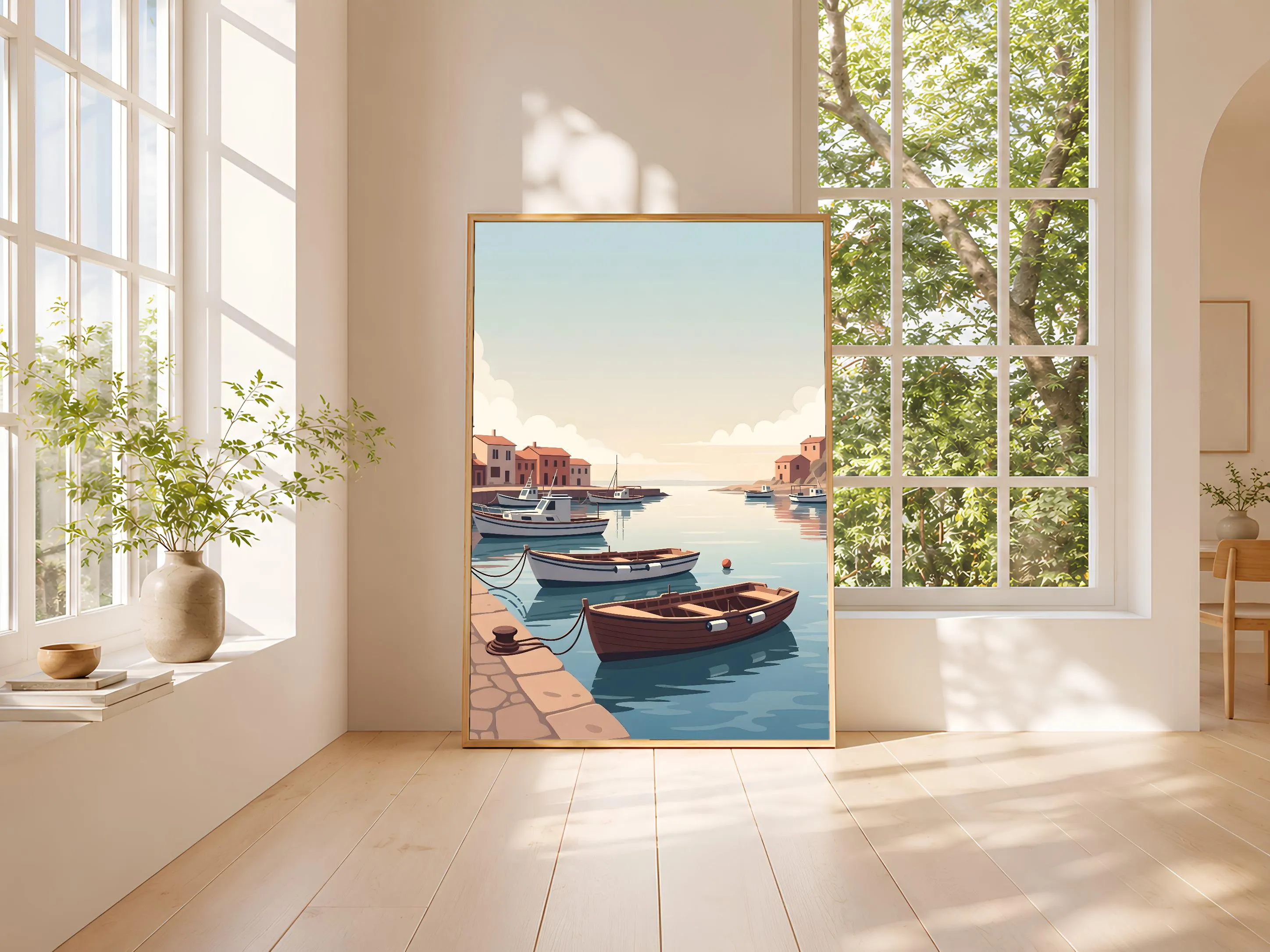 Harbor Boats Print, Fishing Village Poster, Coastal Wall Art, Living Room Decor, Housewarming Gift – Calm Wall Art by Artsify thumbnail 3