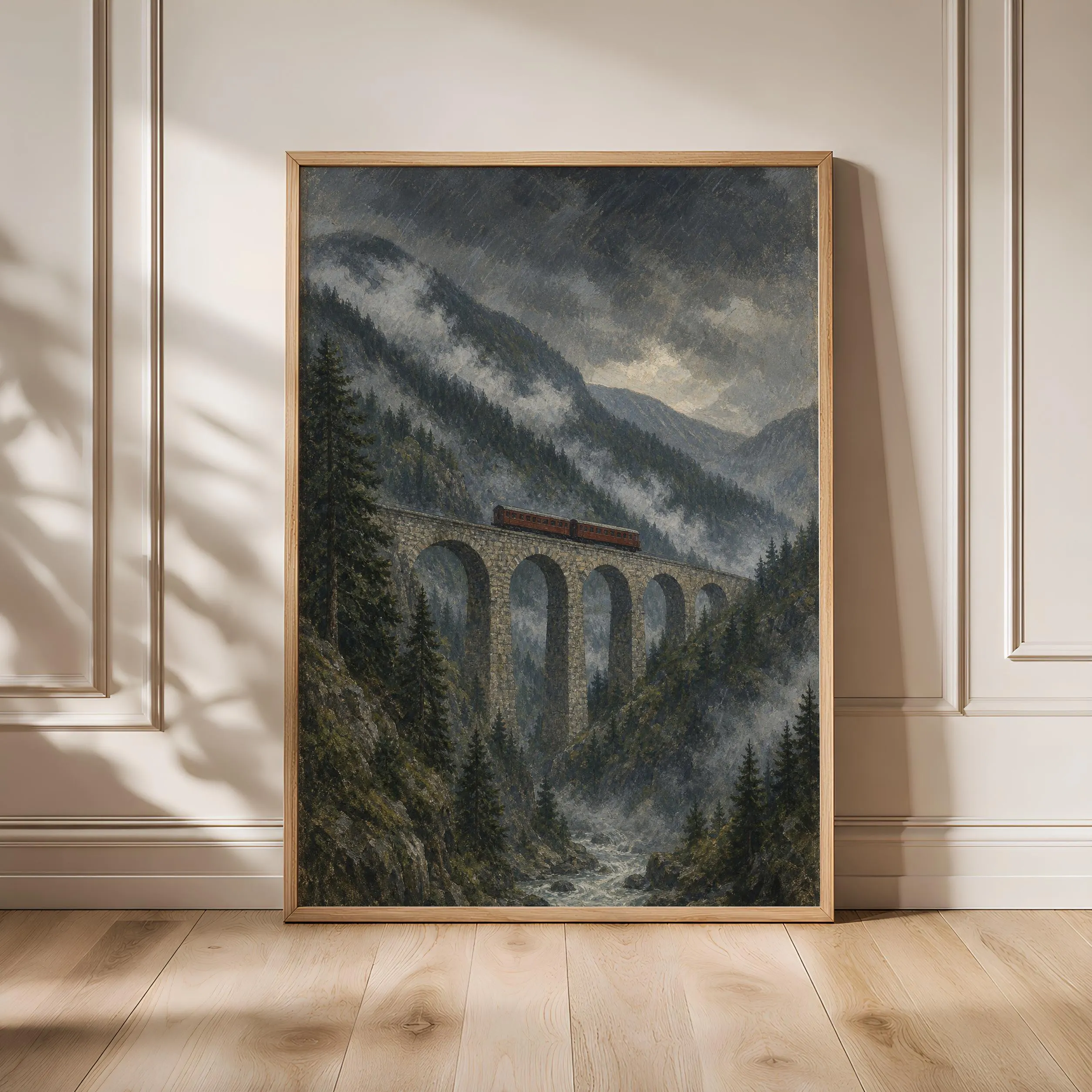 Mountain Viaduct Train Print, Vintage Railway Wall Art, Alpine Bridge Poster, Moody Landscape Decor, Housewarming Gift – Calm Wall Art by Artsify