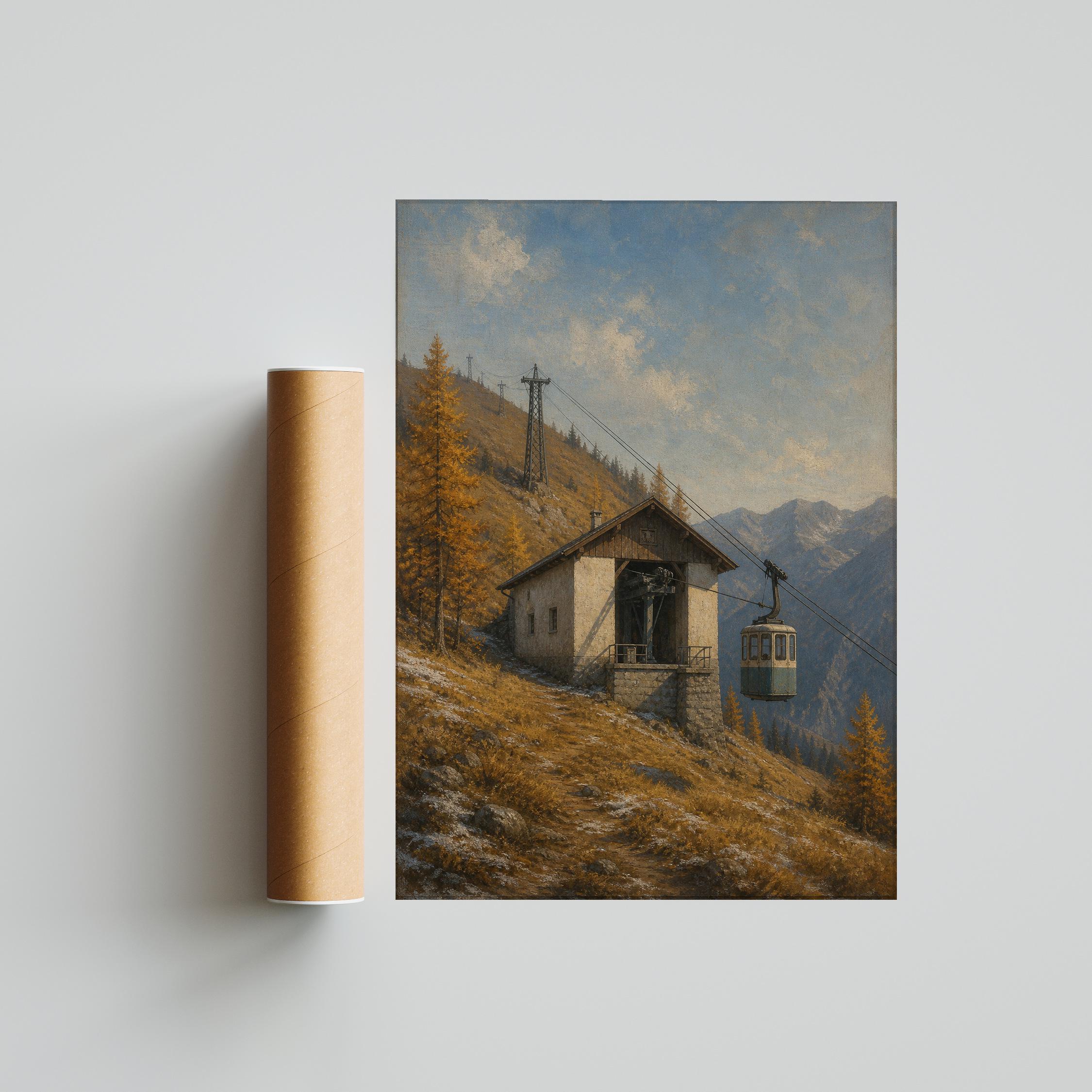 Alpine Cable Car Wall Art, Realist Oil Painting Autumn Mountain, Golden Amber Decor Print – Calm Wall Art by Artsify thumbnail 5