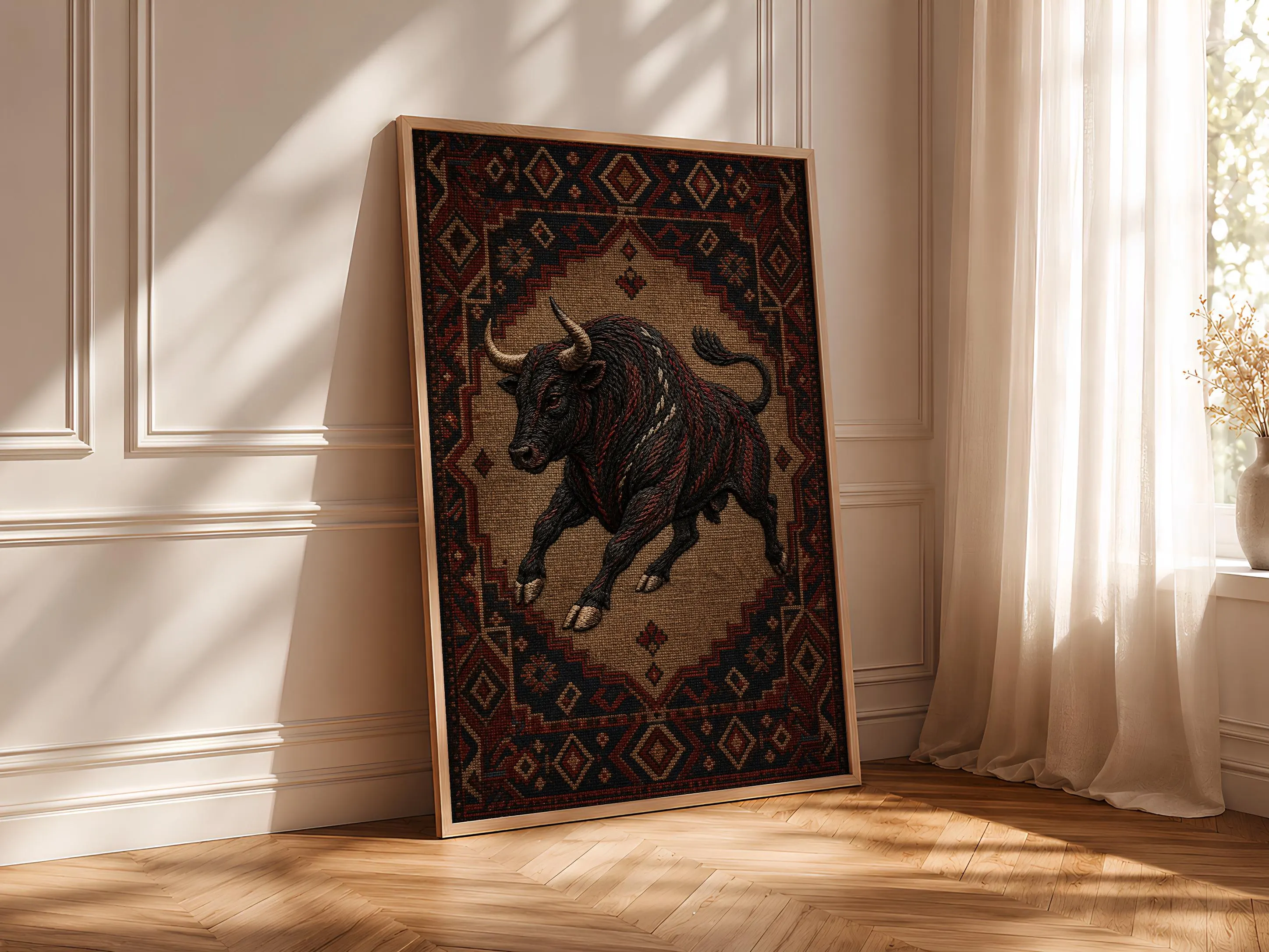 Embroidered Bull Print, Anatolian Kilim Wall Art, Rustic Textile Poster, Boho Animal Decor – Calm Wall Art by Artsify thumbnail 4