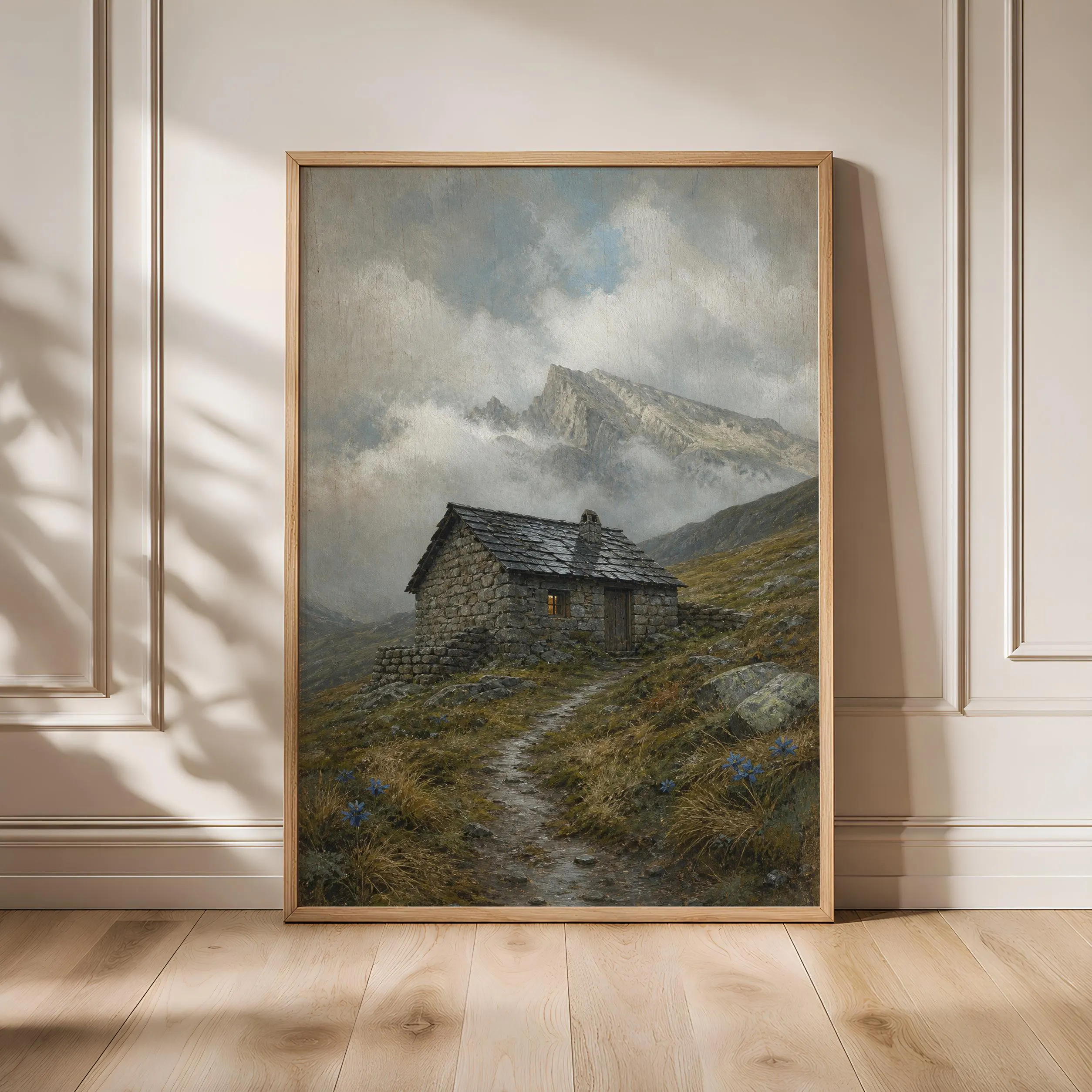 Stone Mountain Hut Wall Art, Realist Oil Painting Alpine Refuge, Misty Grey Mountain Decor Print – Calm Wall Art by Artsify