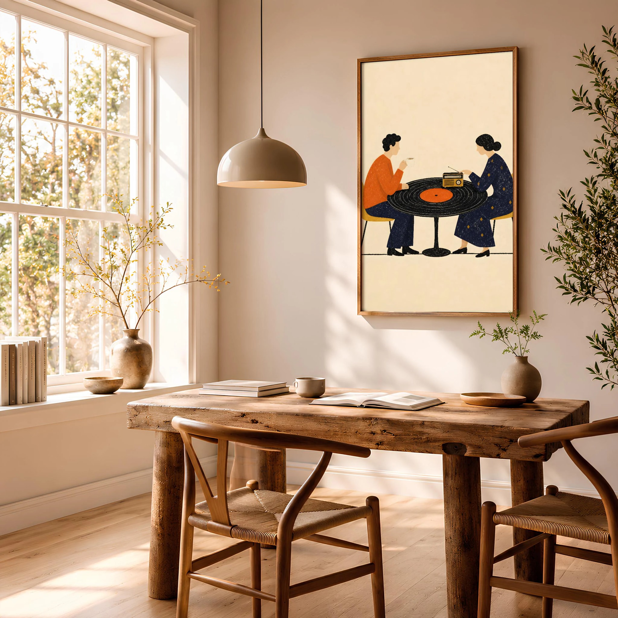 Vinyl Record Table Print, Retro Couple Cafe Poster, Mid Century Music Wall Art, Music Lover Gift, Housewarming Gift – Calm Wall Art by Artsify thumbnail 2