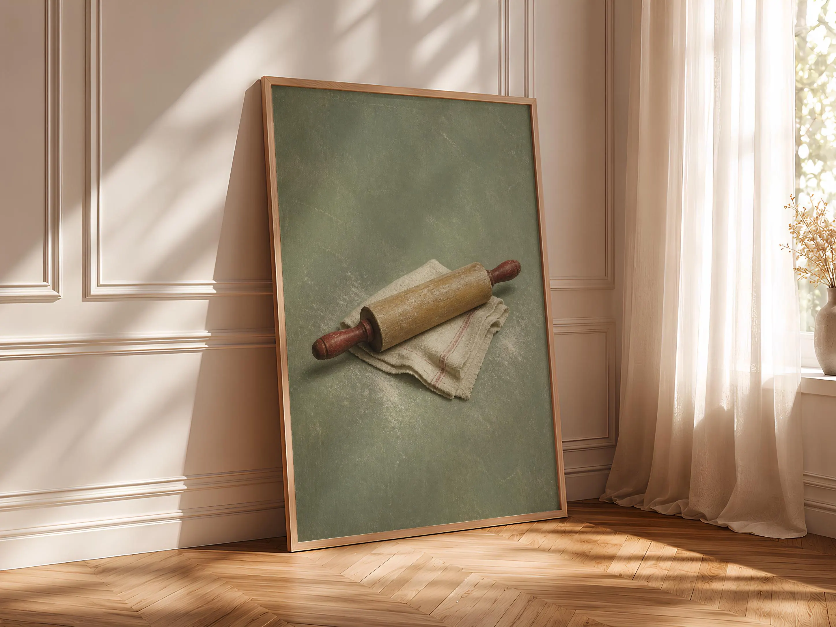 Rolling Pin Wall Art, Minimalist Baking Kitchen Painting, Sage Green Vintage Print – Calm Wall Art by Artsify thumbnail 4