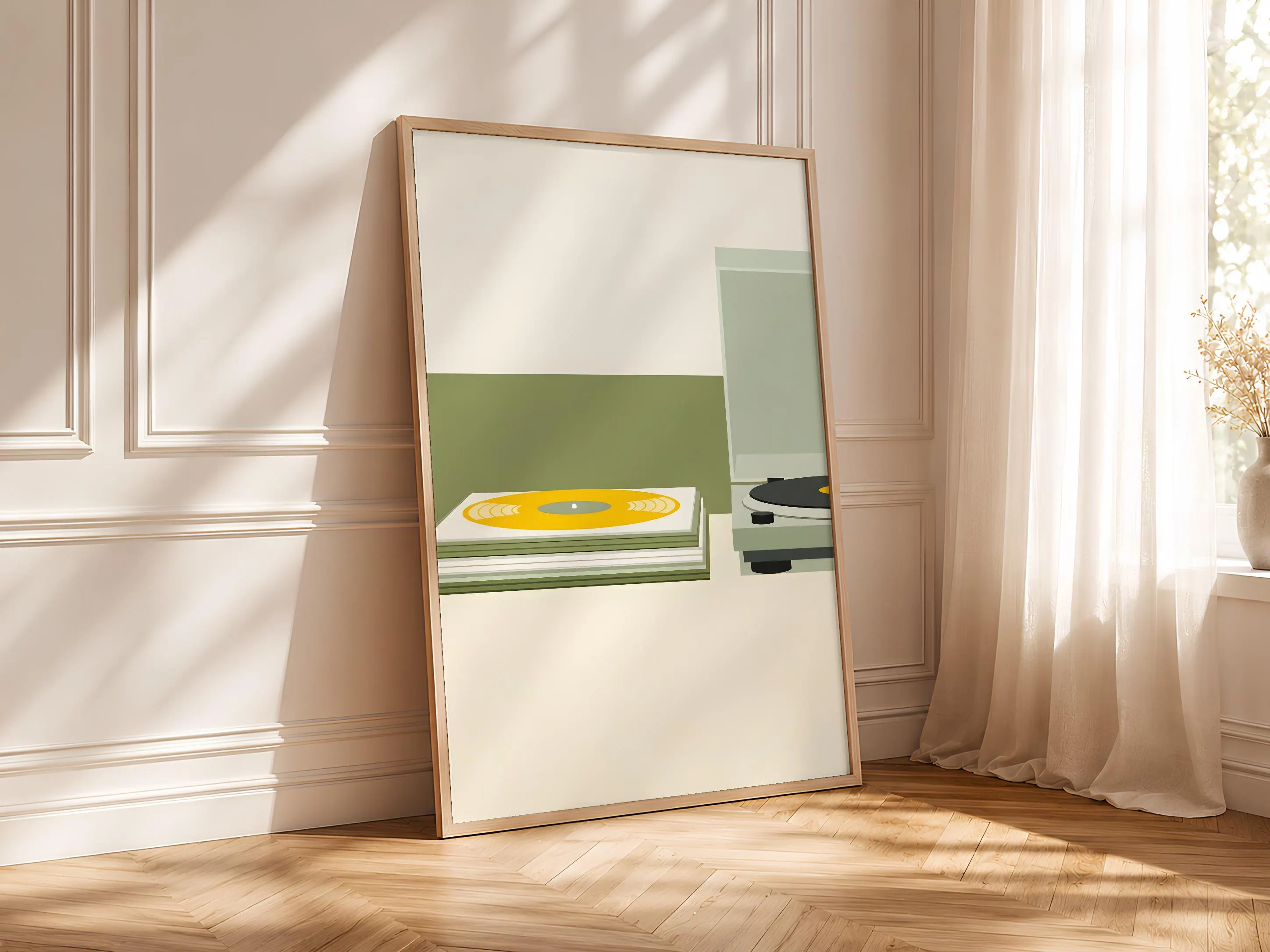 Stacked Vinyl Records Print, Japandi Music Poster, Yellow Record Wall Art, Living Room Decor, Housewarming Gift – Calm Wall Art by Artsify thumbnail 4