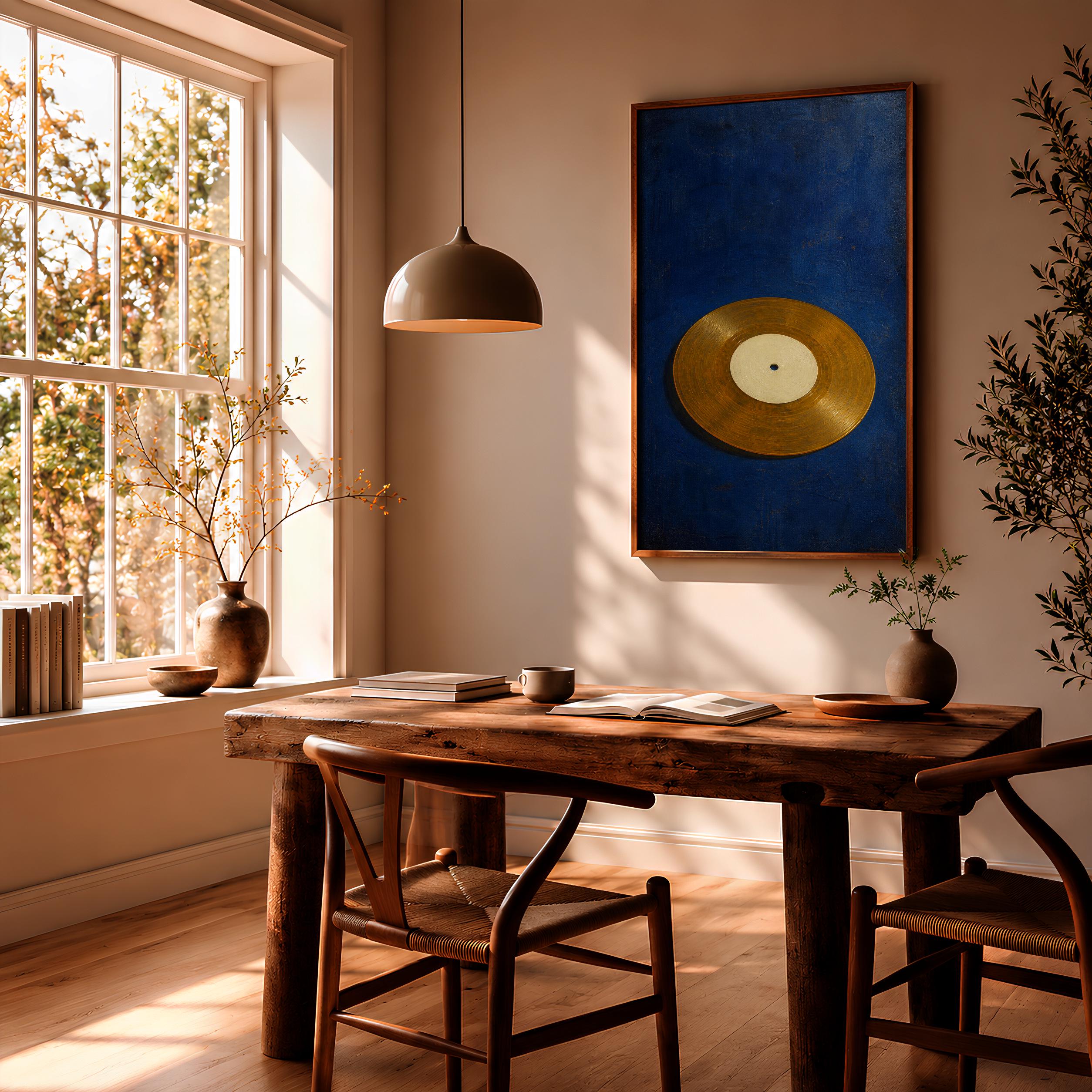 Vinyl 45 Record Print, Prussian Blue Minimalist Music Art, Retro Gold Disc Poster, Housewarming Gift – Calm Wall Art by Artsify thumbnail 2