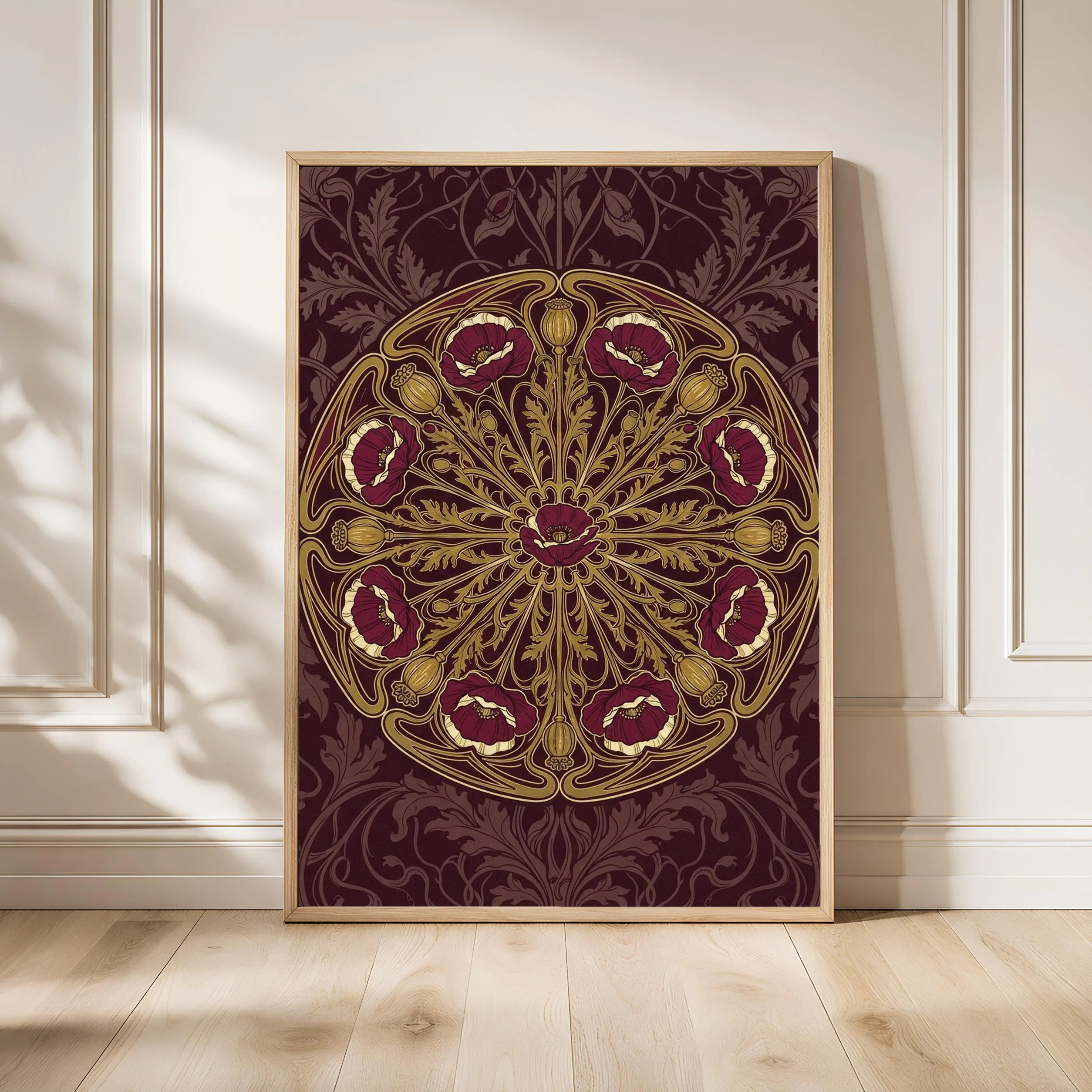 Art Nouveau Poppy Print, Golden Retro Floral Poster, Gold Medallion Wall Art, Dining Room Decor, Housewarming Gift – Calm Wall Art by Artsify