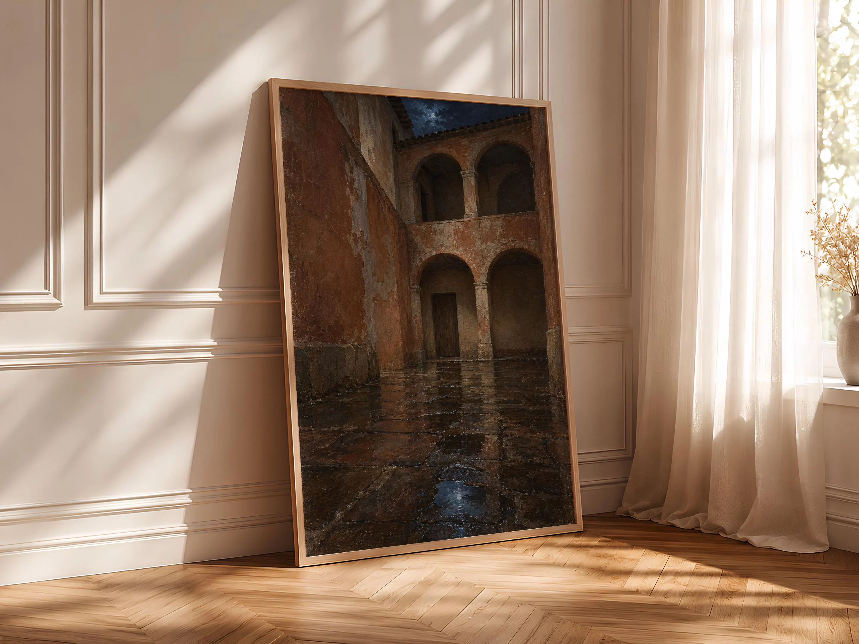 Terracotta Courtyard Wall Art, Rainy Arcade Oil Painting, Moody Mediterranean Decor – Calm Wall Art by Artsify thumbnail 4
