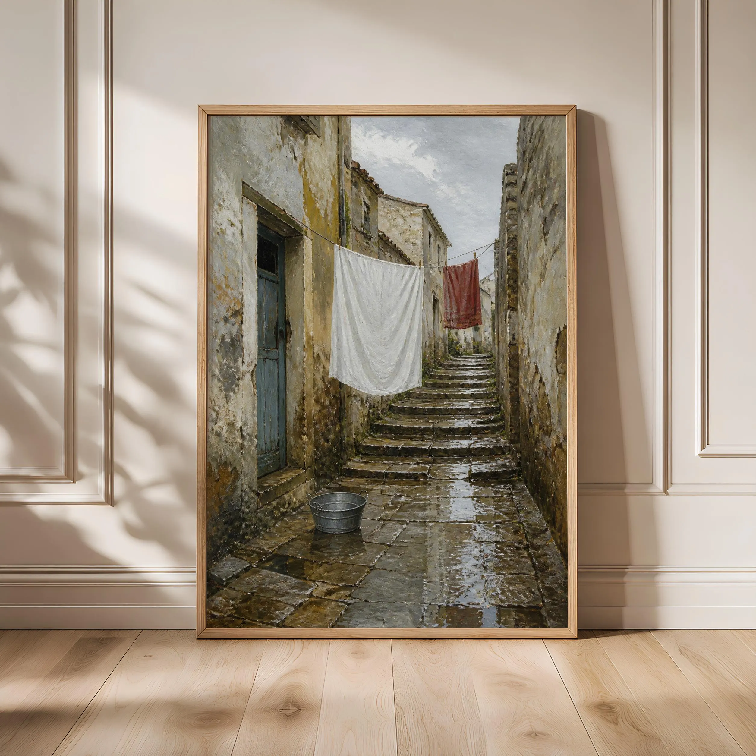 Rainy Mediterranean Alley Wall Art, Vintage Laundry Day Oil Painting, European Street Print – Calm Wall Art by Artsify