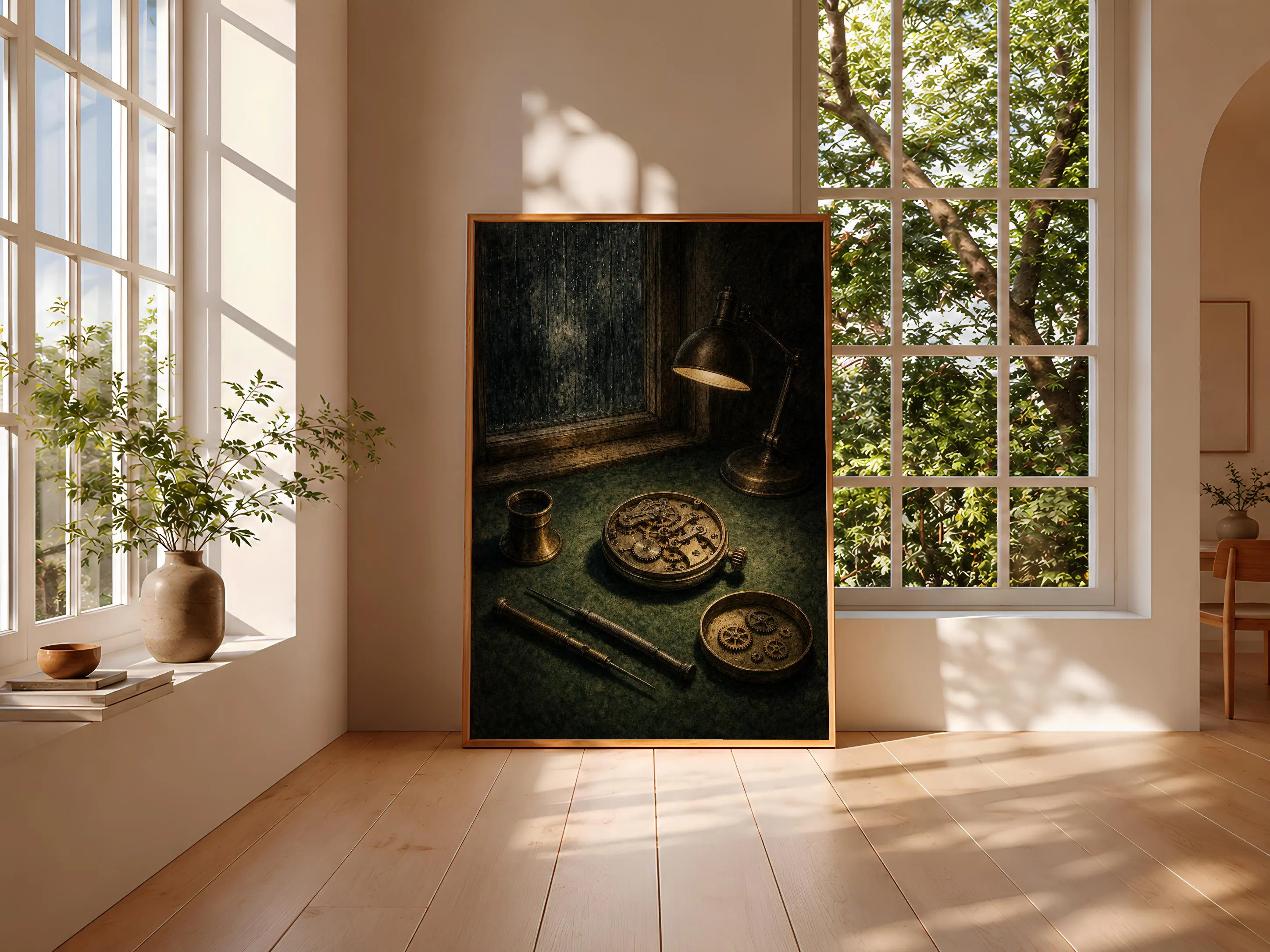 Watchmaker Wall Art, Vintage Horology Still Life Painting, Rainy Window Print – Calm Wall Art by Artsify thumbnail 3
