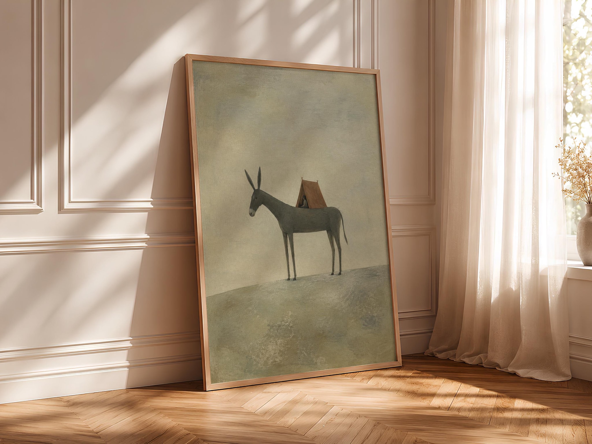 Donkey Camping Wall Art, Surreal Folk Animal Print with Tiny Tent – Calm Wall Art by Artsify thumbnail 4