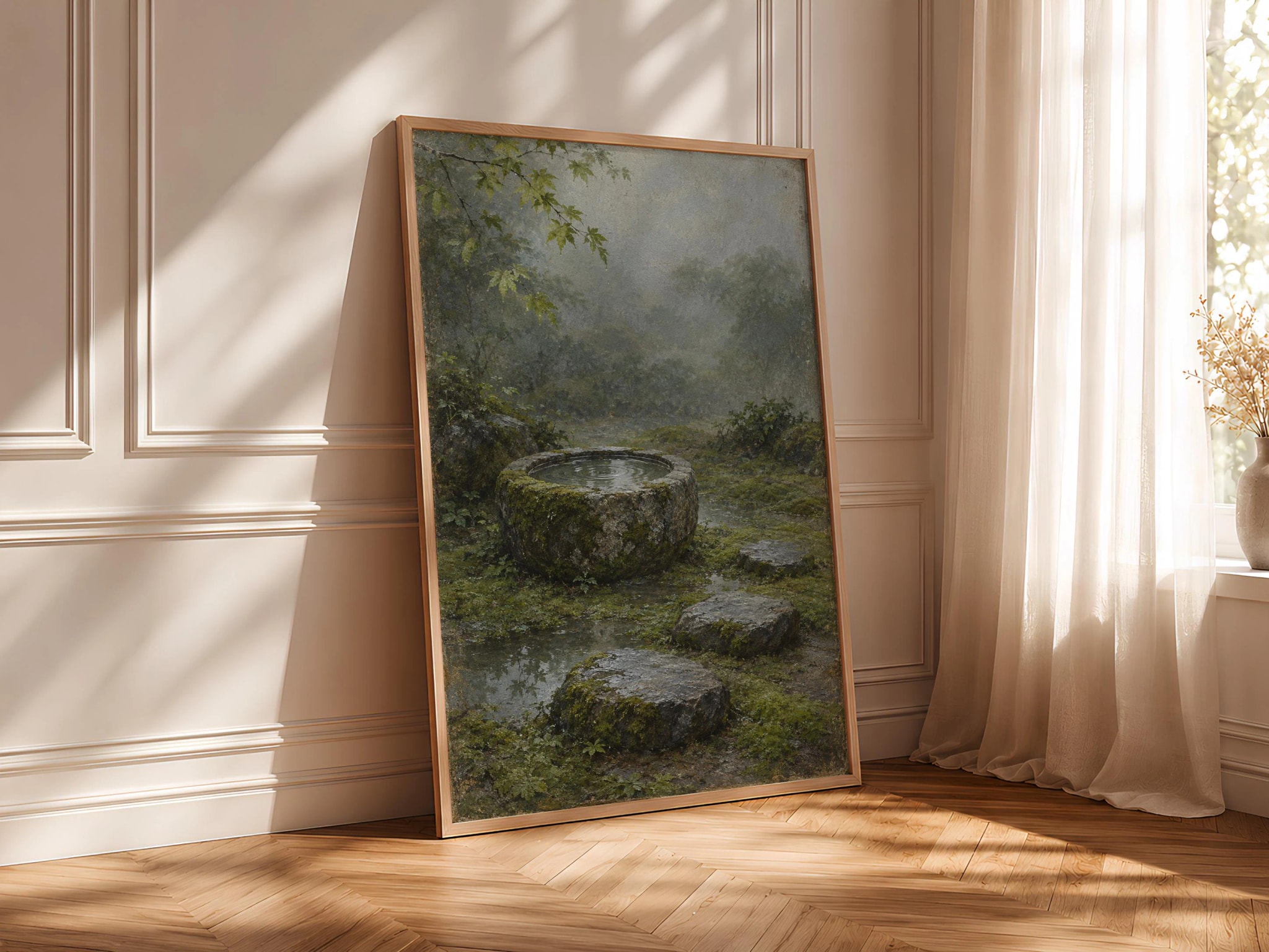 Japanese Rain Garden Wall Art, Mossy Stone Basin Oil Painting, Zen Decor – Calm Wall Art by Artsify thumbnail 4