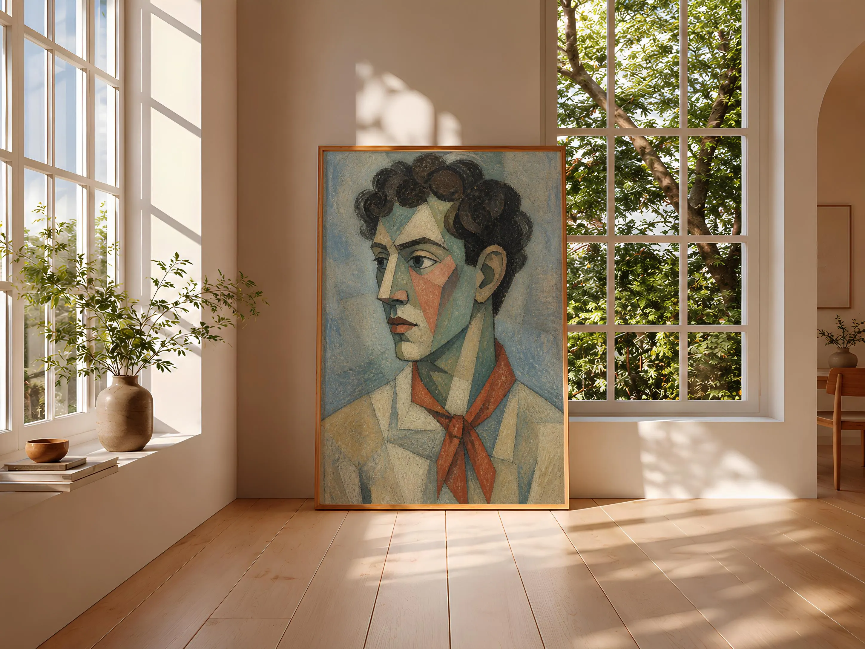 Vermilion Scarf Cubist Man Portrait, Sea Green Abstract Face Print, Modern Wall Art – Calm Wall Art by Artsify thumbnail 3