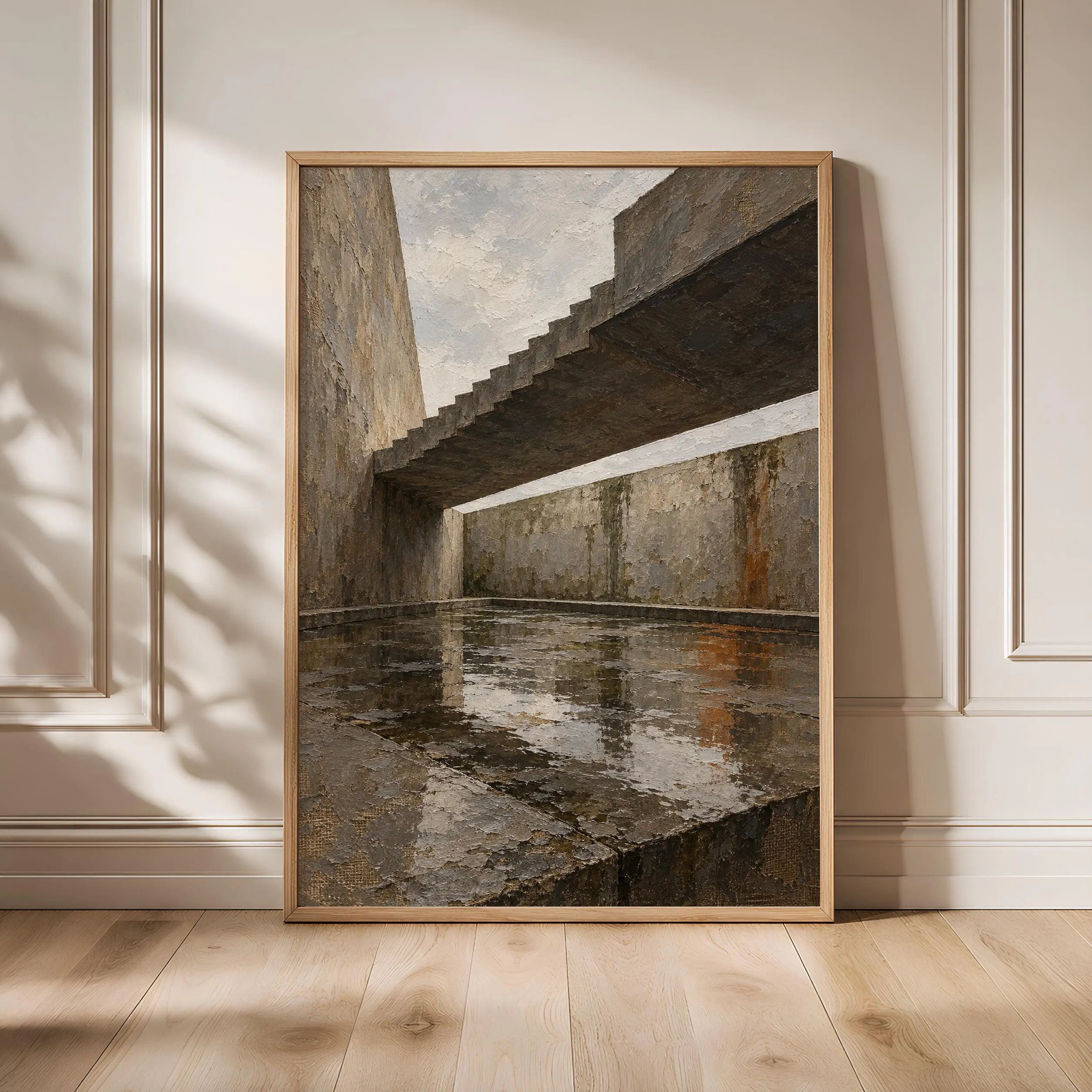 Brutalist Concrete Atrium Wall Art, Rainy Architecture Oil Painting, Industrial Office Decor – Calm Wall Art by Artsify