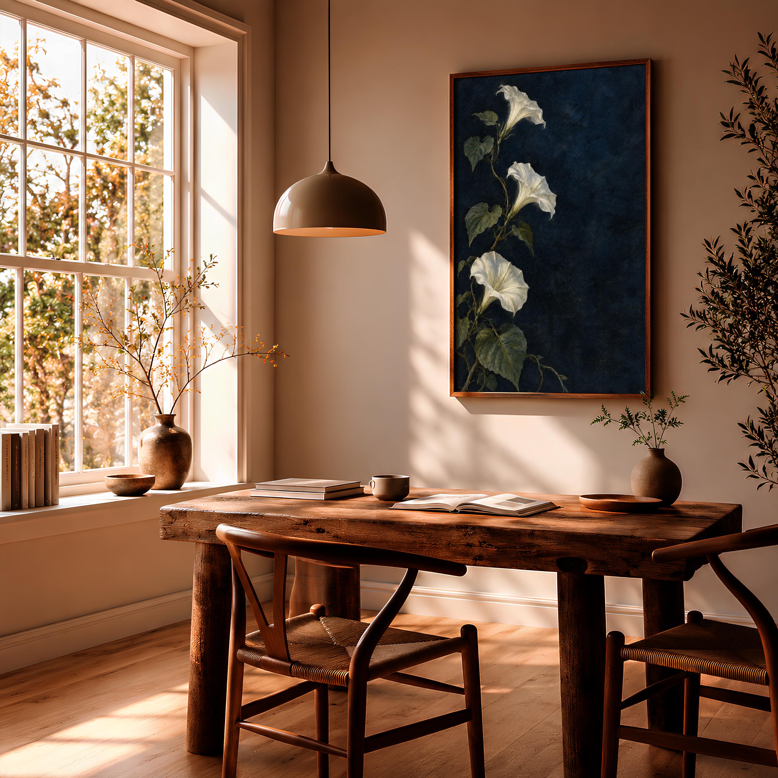 Moonflower Wall Art, Moody White Botanical Oil Painting, Dark Blue Bedroom Decor – Calm Wall Art by Artsify thumbnail 2