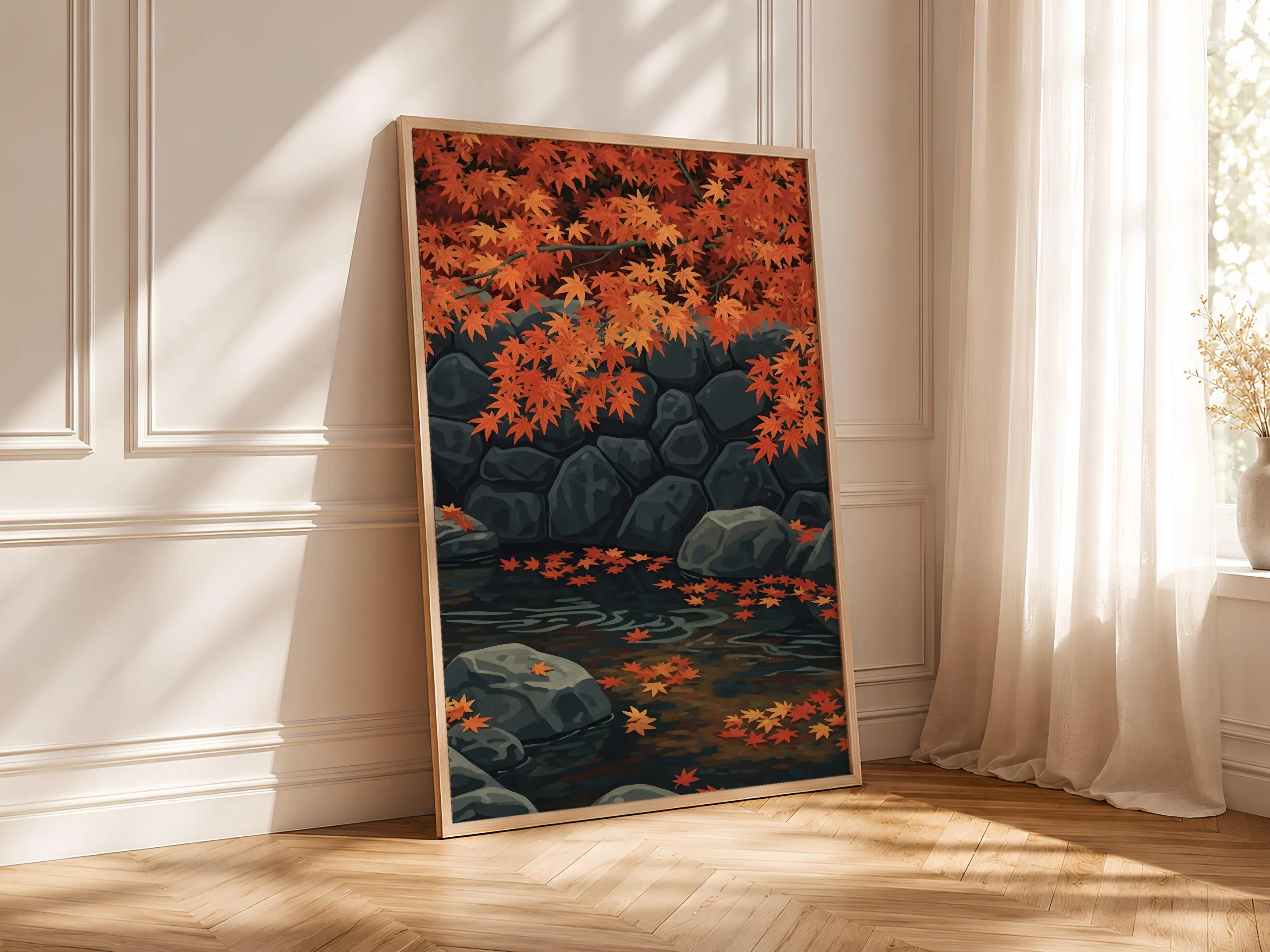 Autumn Maple Print, Japanese Momiji Leaves Poster, Red Woodblock Wall Art, Fall Home Decor, Housewarming Gift – Calm Wall Art by Artsify thumbnail 4
