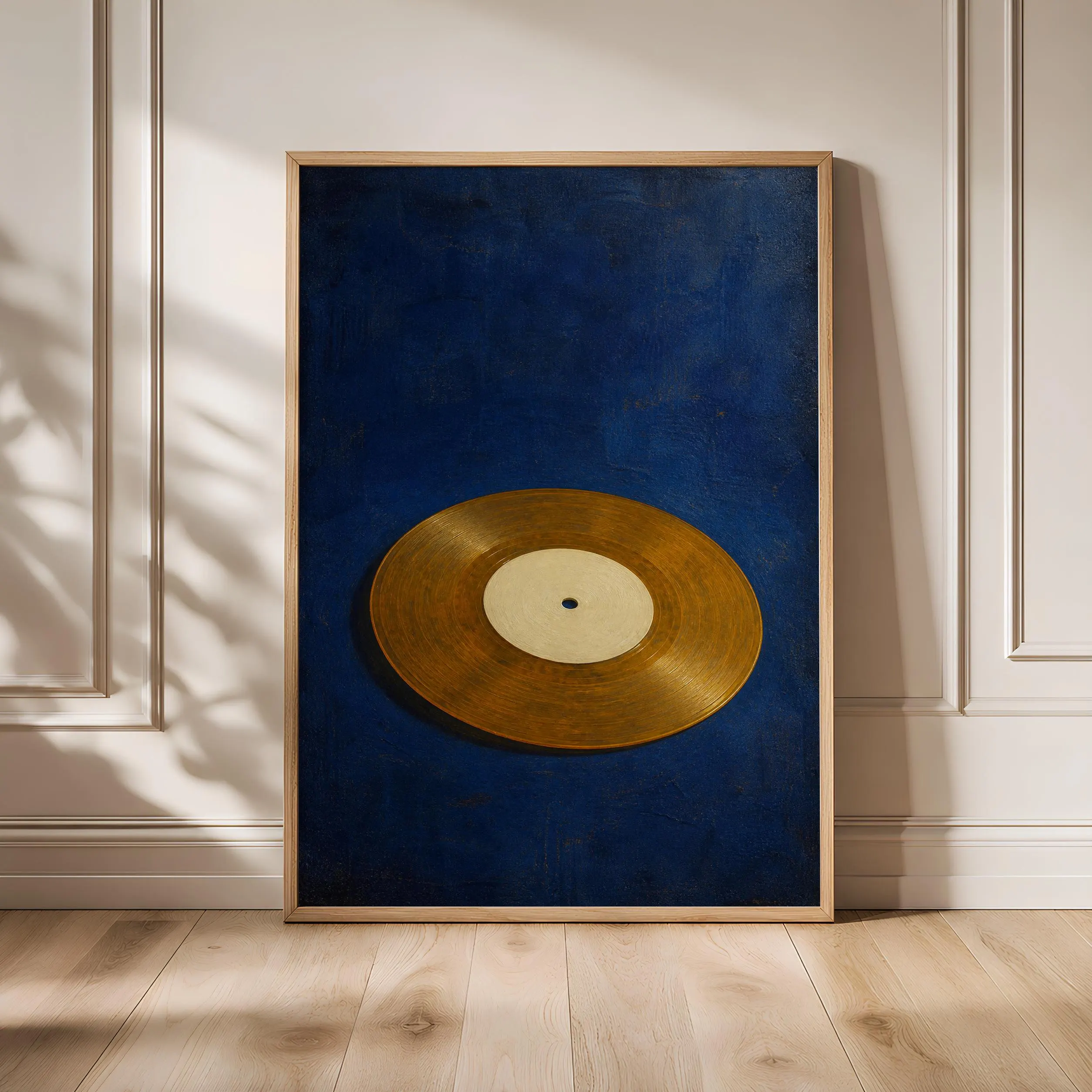 Vinyl 45 Record Print, Prussian Blue Minimalist Music Art, Retro Gold Disc Poster, Housewarming Gift – Calm Wall Art by Artsify