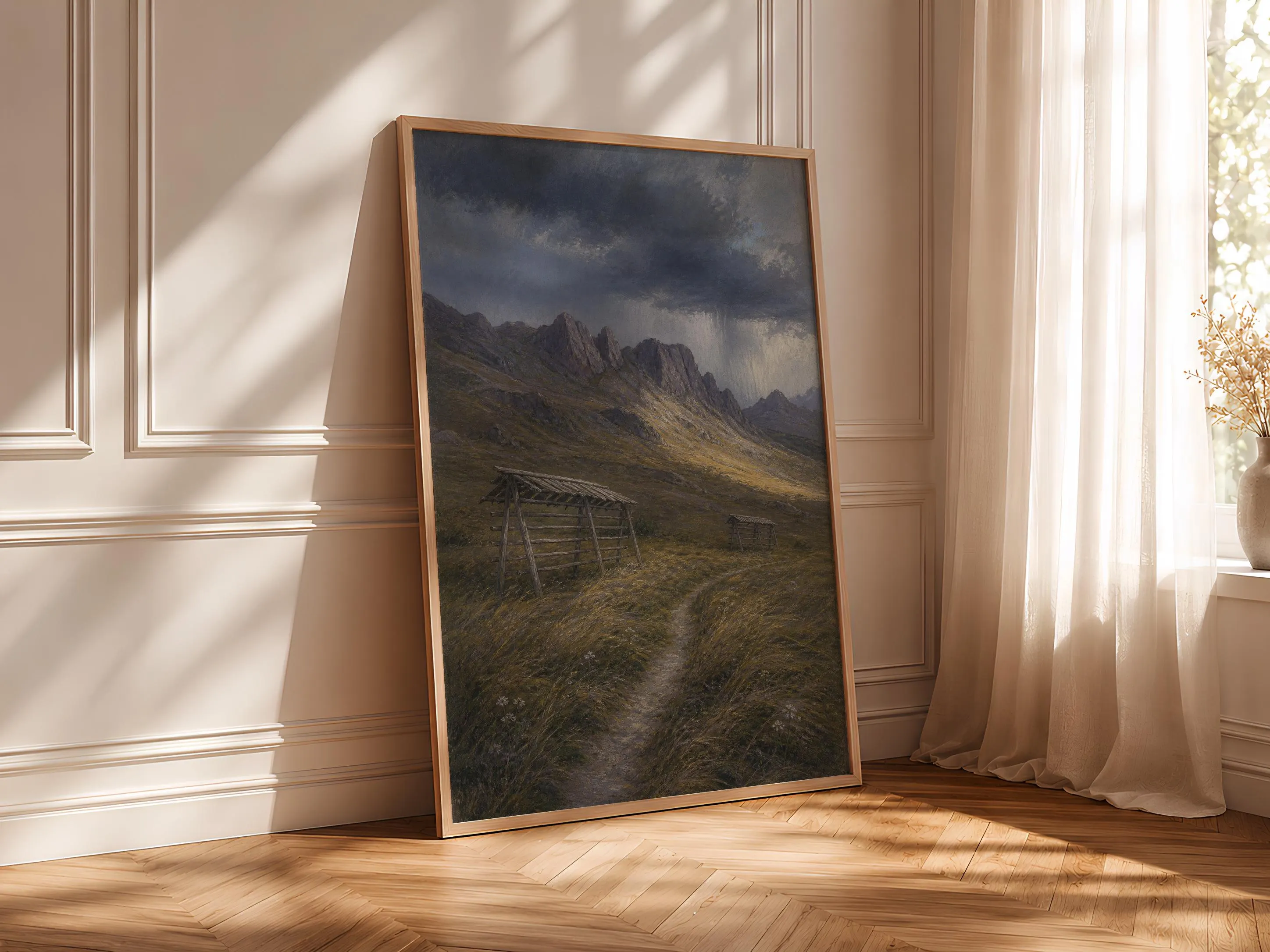 Alpine Meadow Storm Print, Mountain Landscape Wall Art, Vintage Pastoral Poster, Moody Cabin Decor, Housewarming Gift – Calm Wall Art by Artsify thumbnail 4