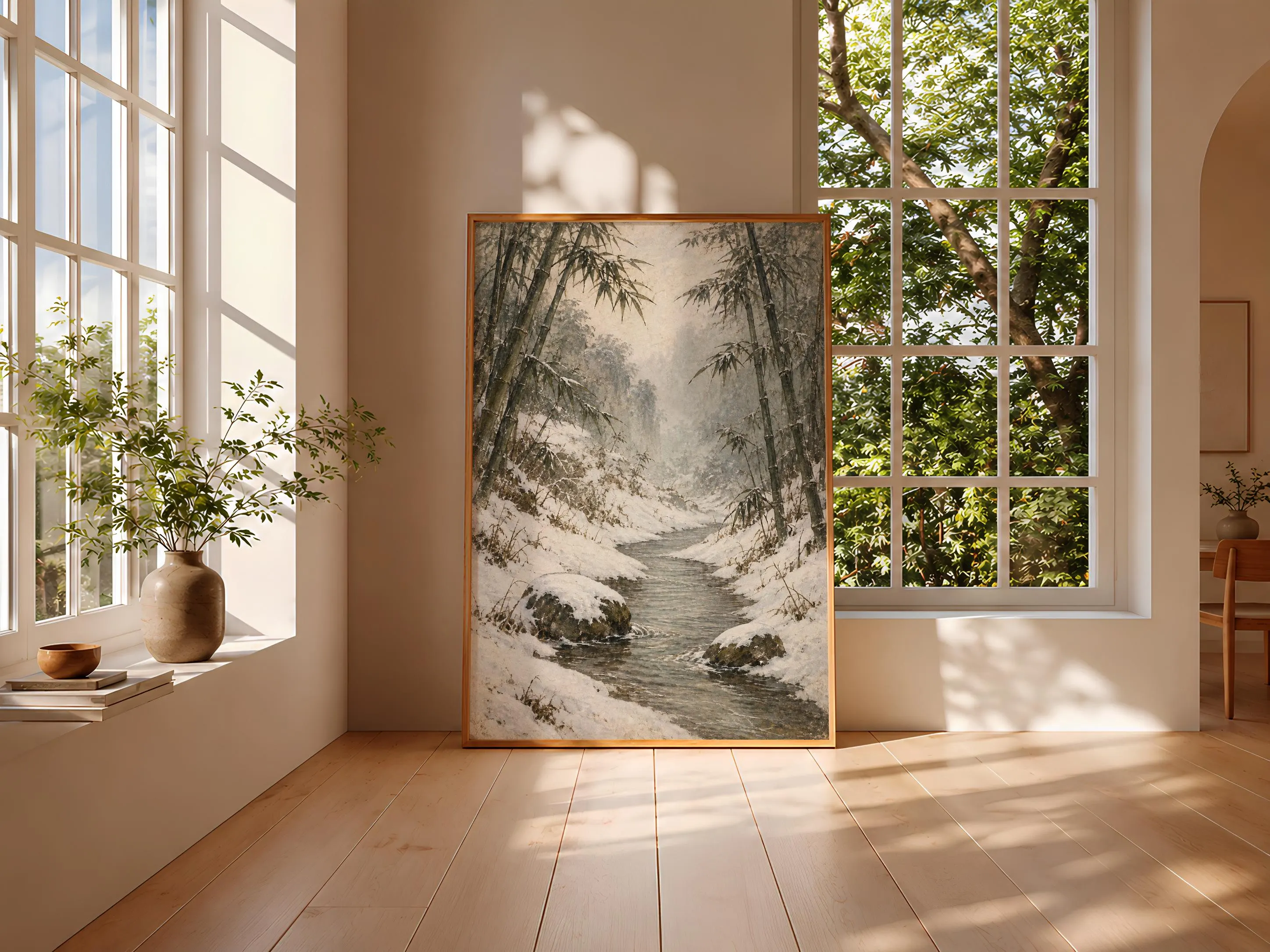 Snowy Bamboo Ravine Wall Art, Japanese Winter Landscape Painting, Japandi Bedroom Decor – Calm Wall Art by Artsify thumbnail 3