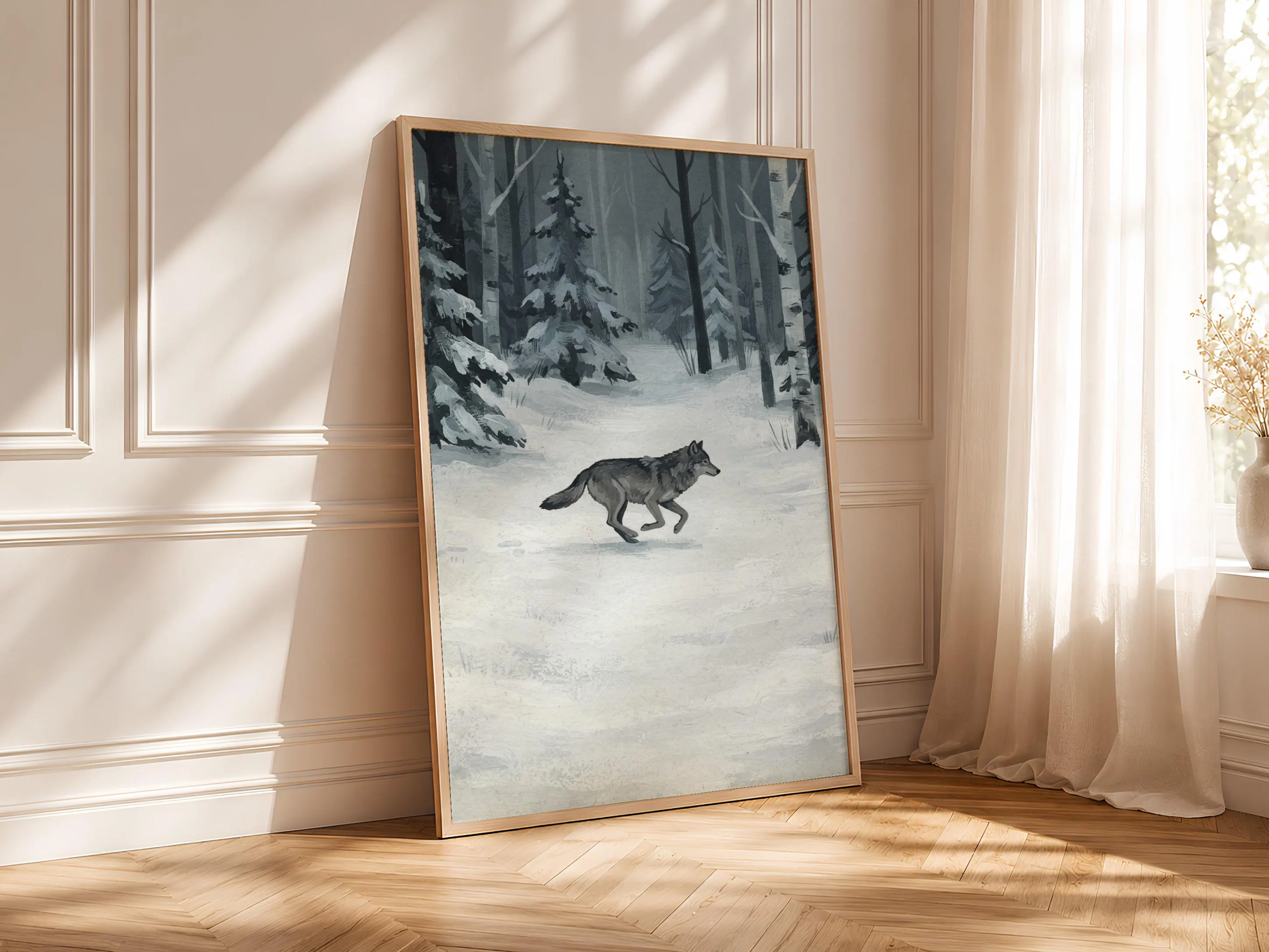 Wolf Wall Art, Charcoal Minimalist Wildlife Painting, Vintage Winter Print, Housewarming Gift – Calm Wall Art by Artsify thumbnail 4