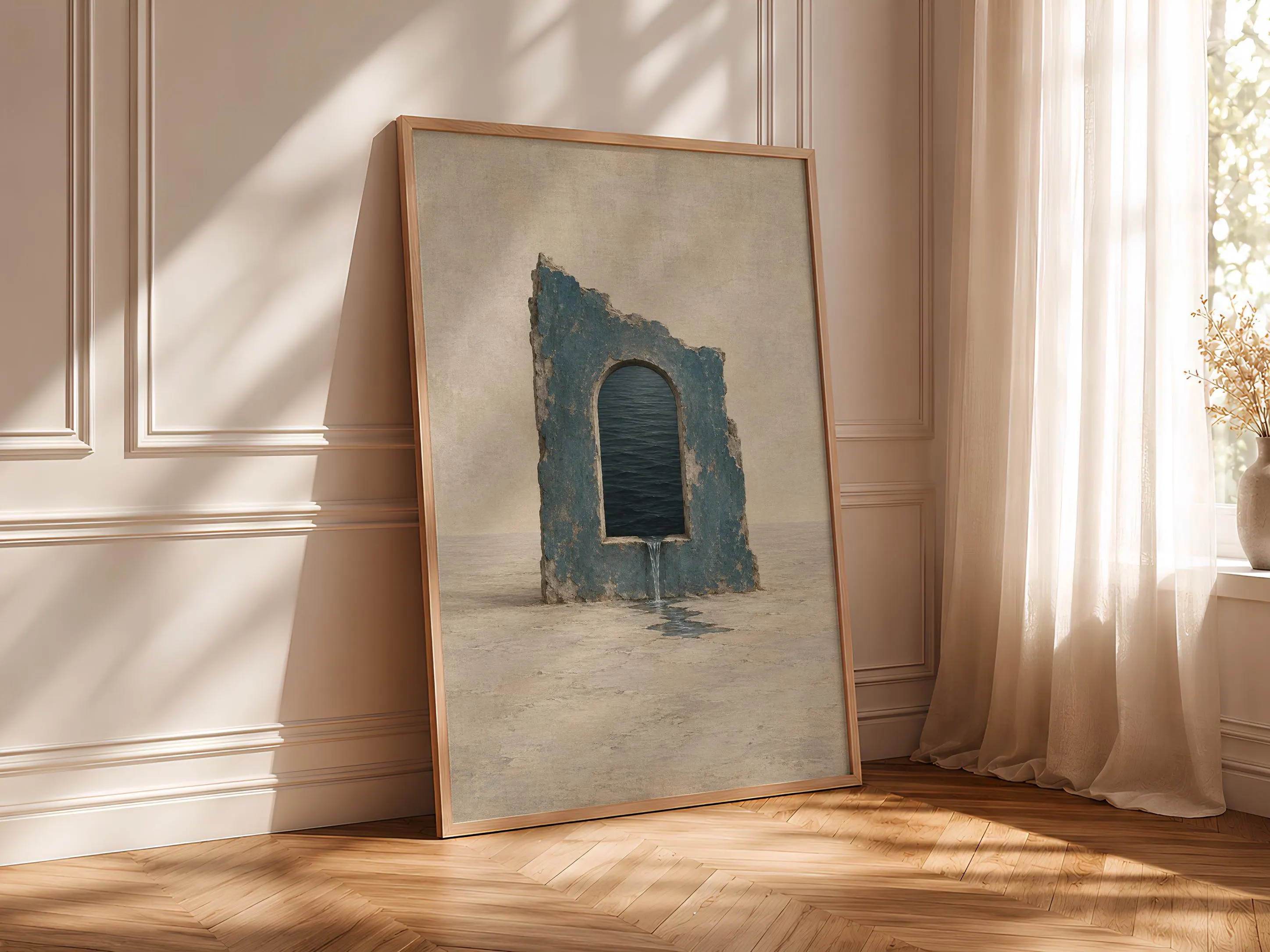 Water Window Wall Art, Minimal Surreal Blue Architecture Painting – Calm Wall Art by Artsify thumbnail 4