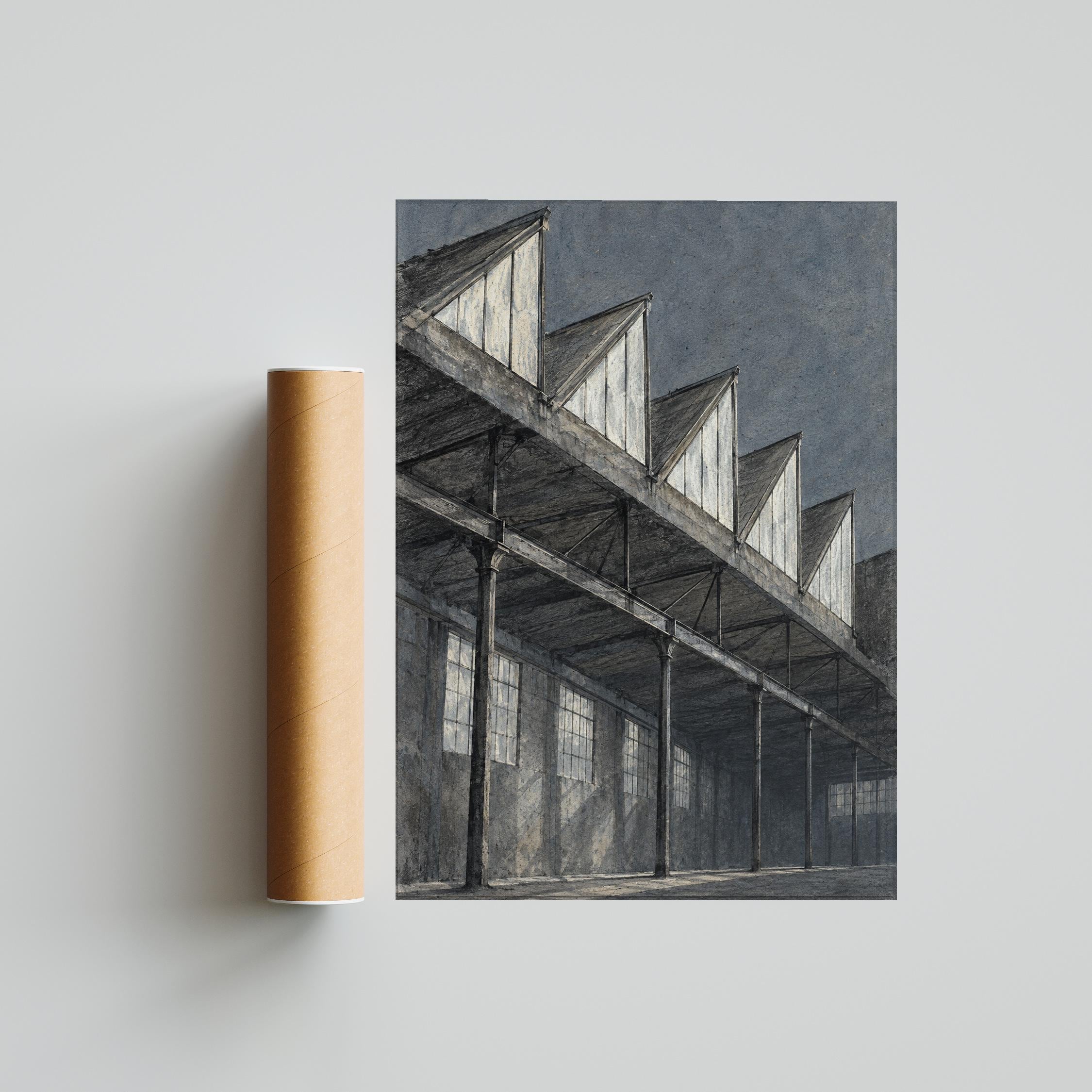 Sawtooth Factory Roof Wall Art, Industrial Architecture Painting – Calm Wall Art by Artsify thumbnail 5