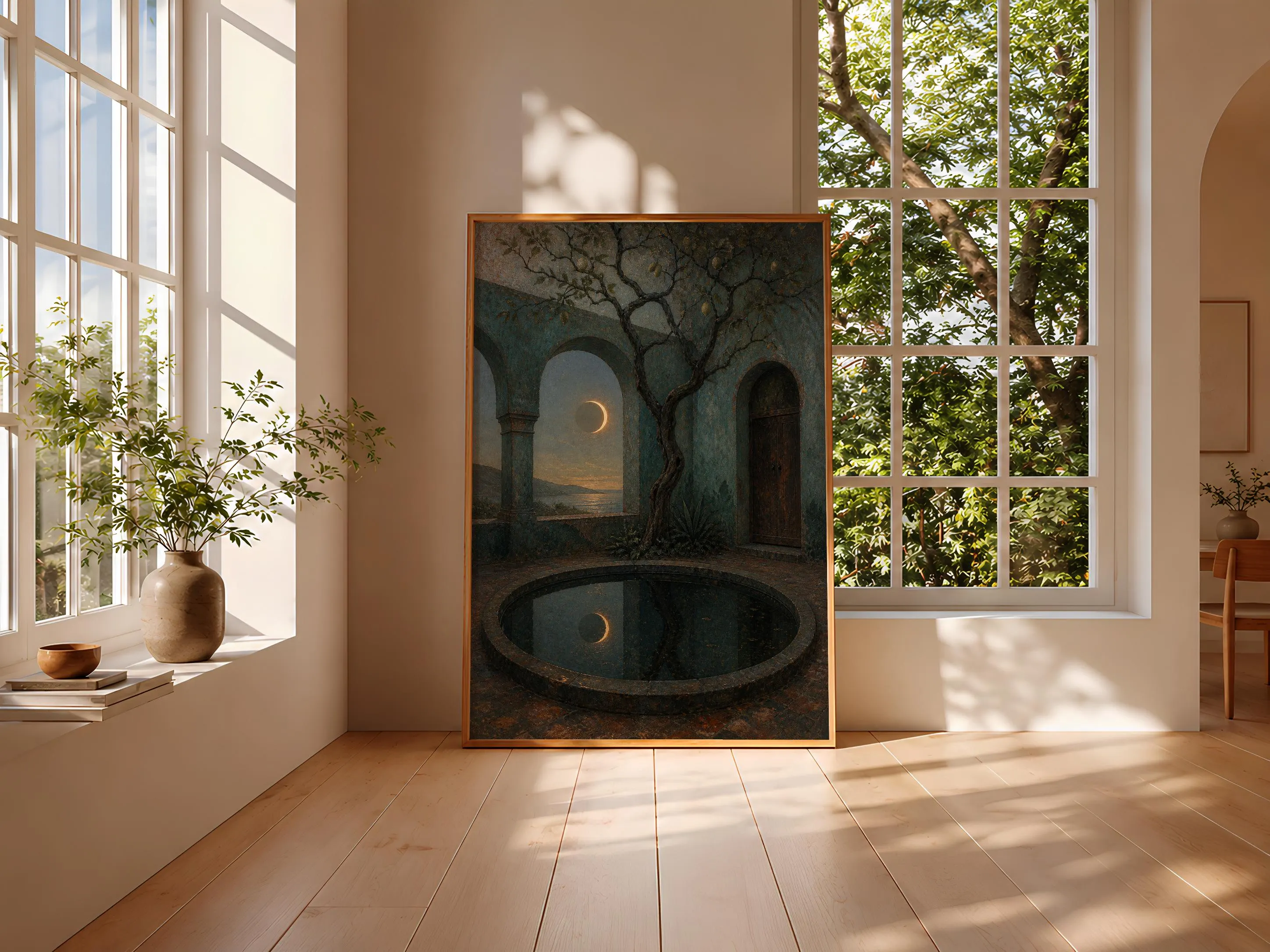 Eclipse Courtyard Wall Art, Vintage Celestial Painting, Teal Mediterranean Print, Housewarming Gift – Calm Wall Art by Artsify thumbnail 3